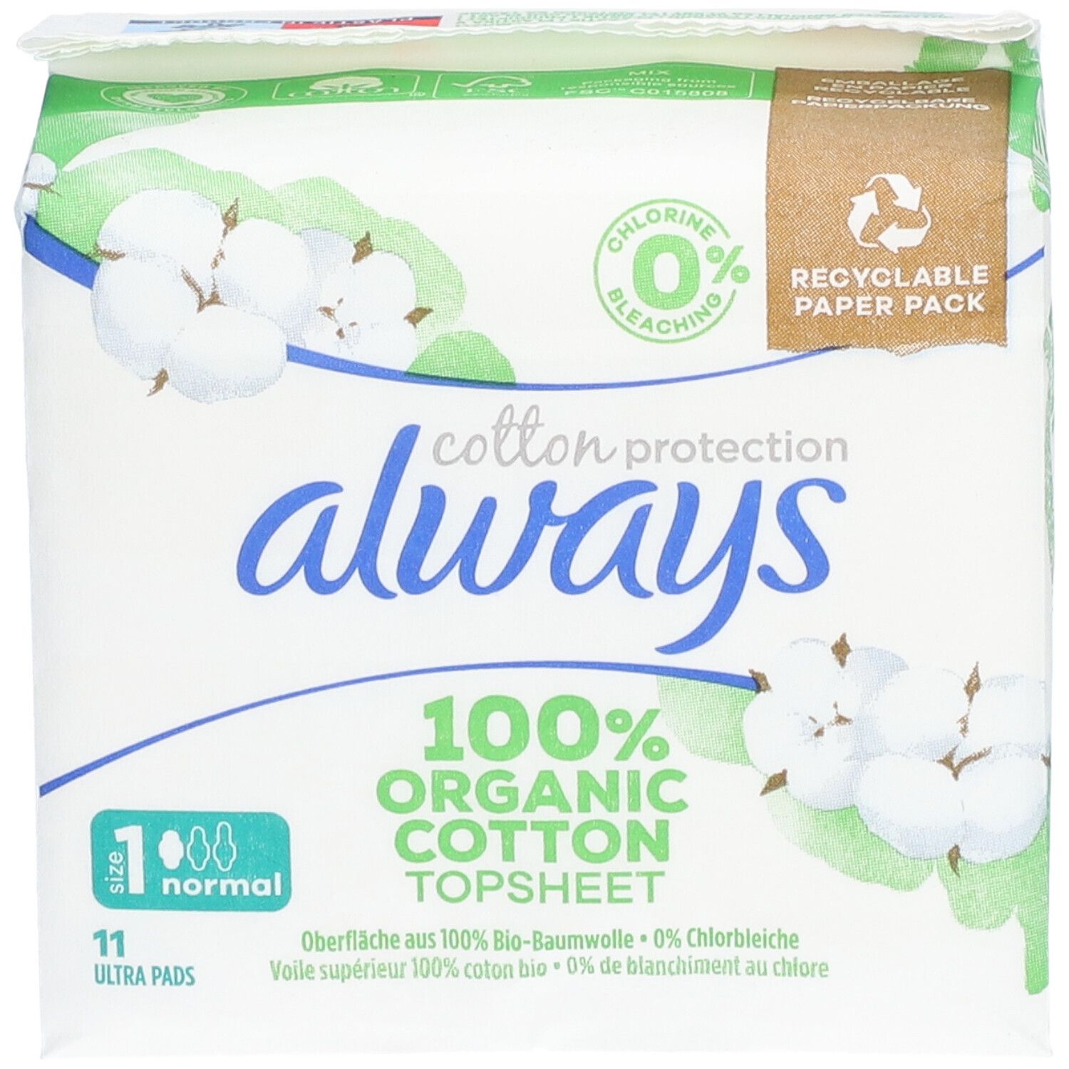 Always Cotton Protection. Paquet de 11 serviettes Ultra. 100% coton bio. Visible : logo, illustrations de coton, emballage en papier.