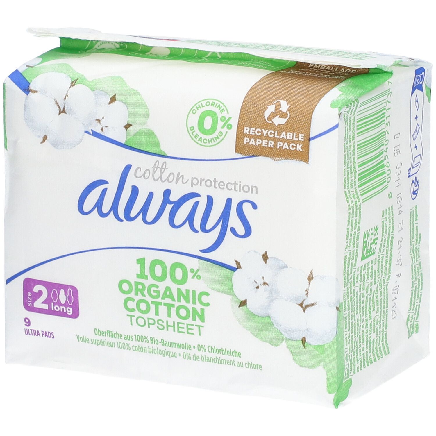 Always Cotton Protection Serviette Ultra Long - Serviette périodique 100 % coton biologiqu