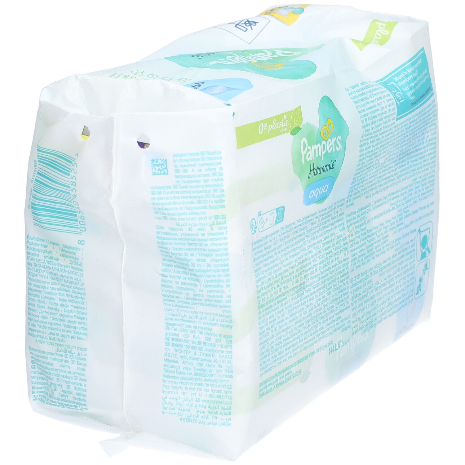 Vue latérale du paquet de lingettes Pampers Harmonie Aqua. Emballage en film plastique. Informations textuelles sur fond blanc.