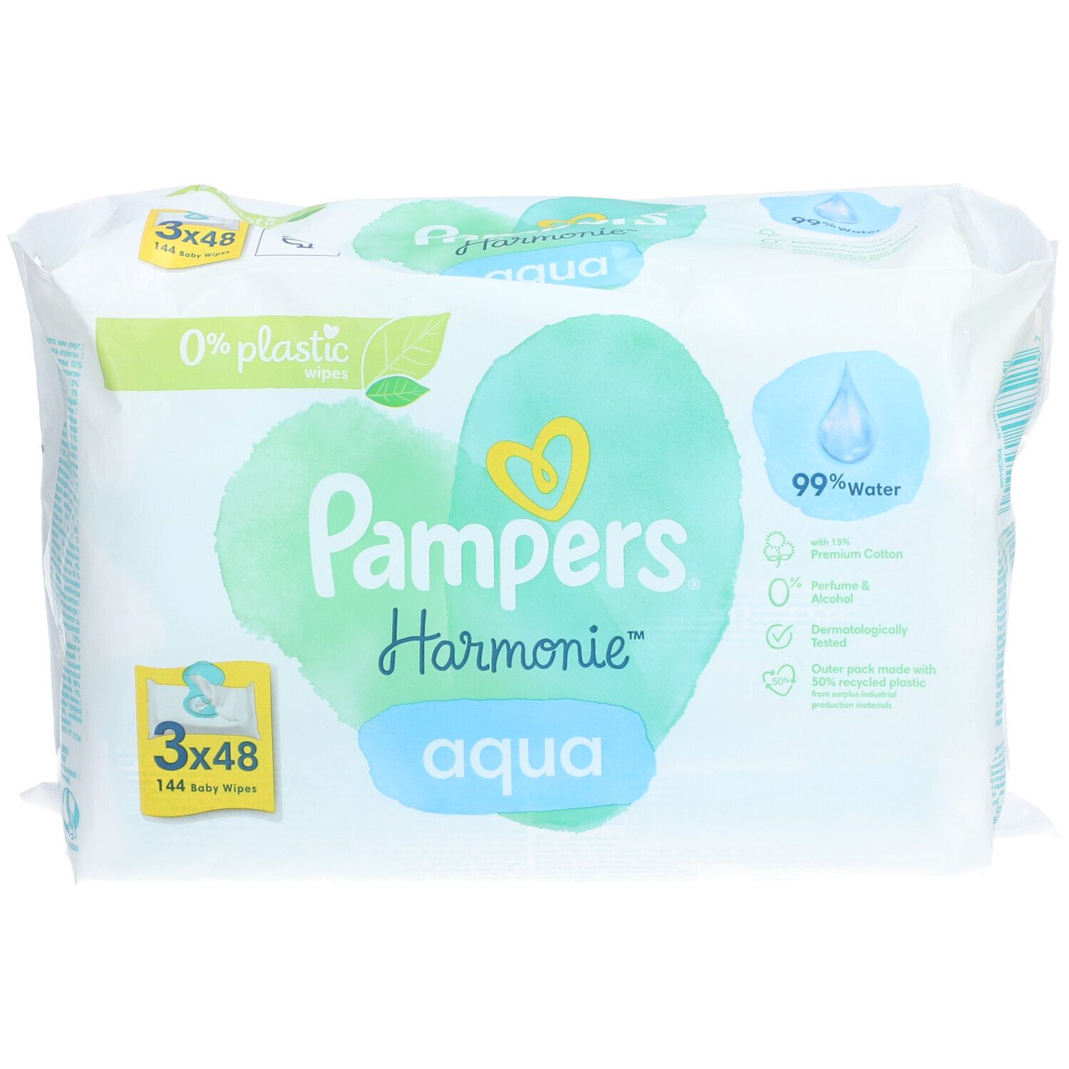 Paquet de lingettes Pampers Harmonie Aqua. 3x48 lingettes. Emballage avec cœur vert, 0% plastique, 99% eau.