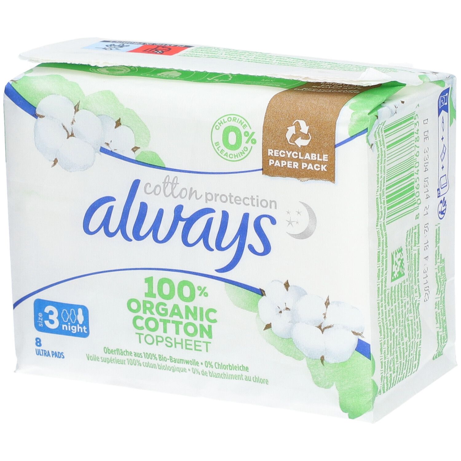 Paquet de serviettes hygiéniques. Marque : always. 100% coton bio. 8 serviettes Ultra. Taille nuit 3.