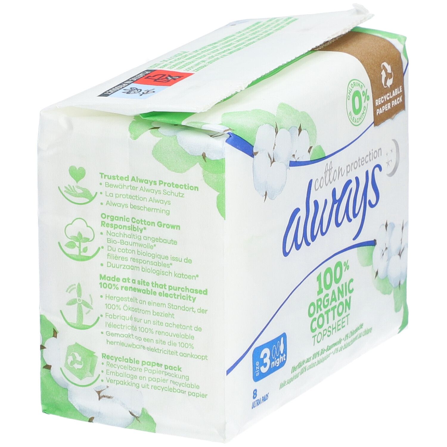 Paquet de serviettes hygiéniques. Marque : always. 100% coton bio. Emballage en papier recyclable.