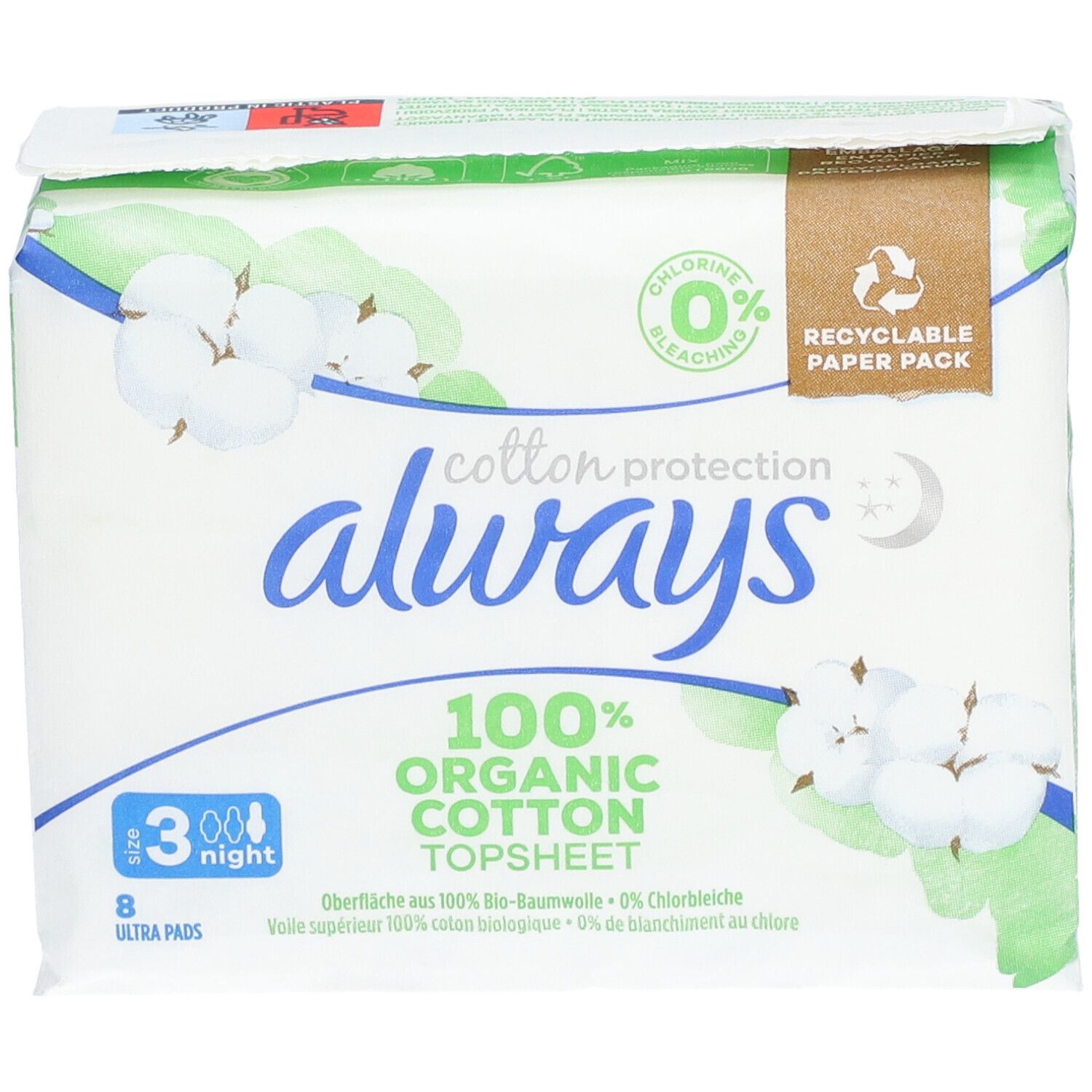 Paquet de serviettes hygiéniques. Marque : always. 100% coton bio. 8 serviettes Ultra. Taille nuit 3.