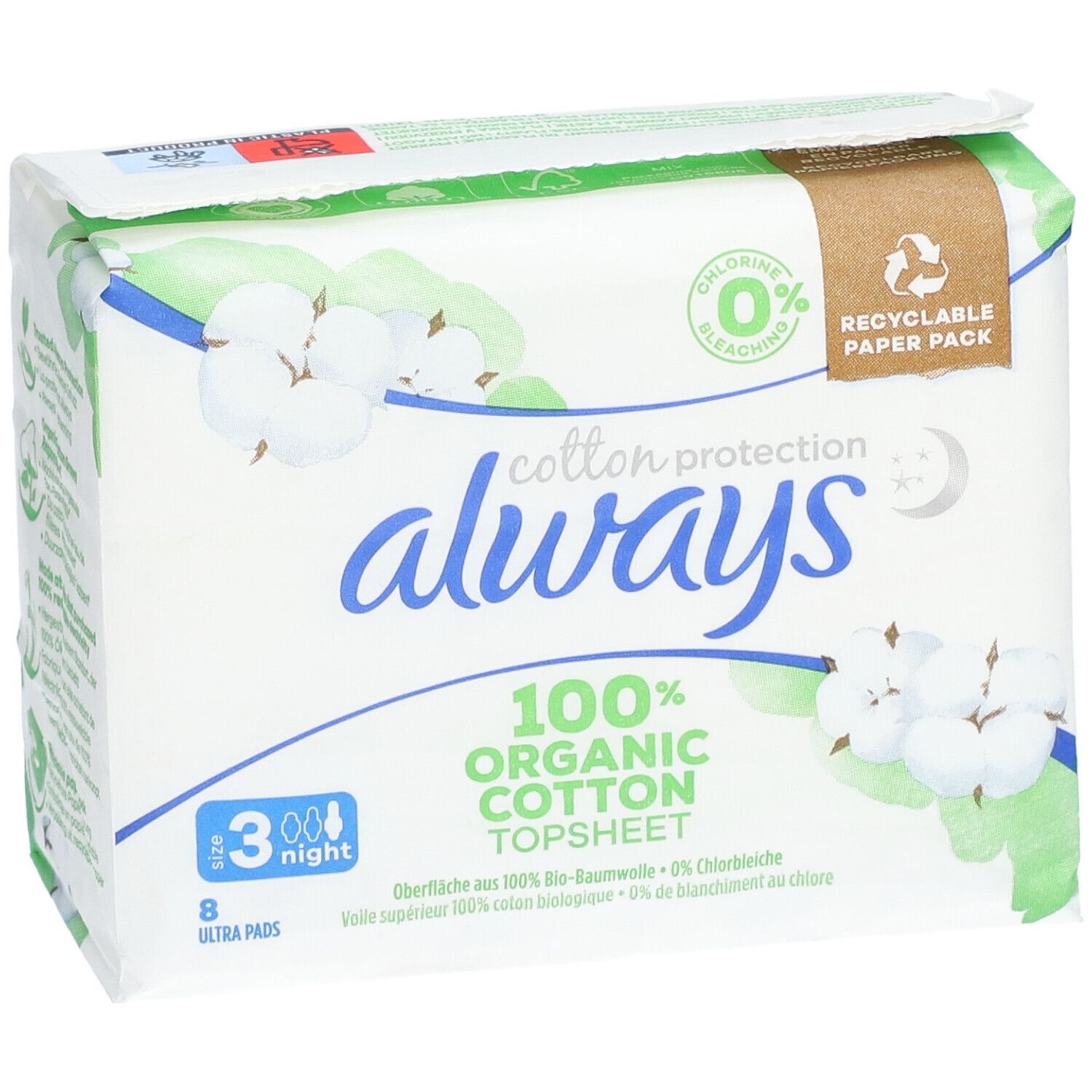 Paquet de serviettes hygiéniques. Marque : always. 100% coton bio. 8 serviettes Ultra. Taille nuit 3.