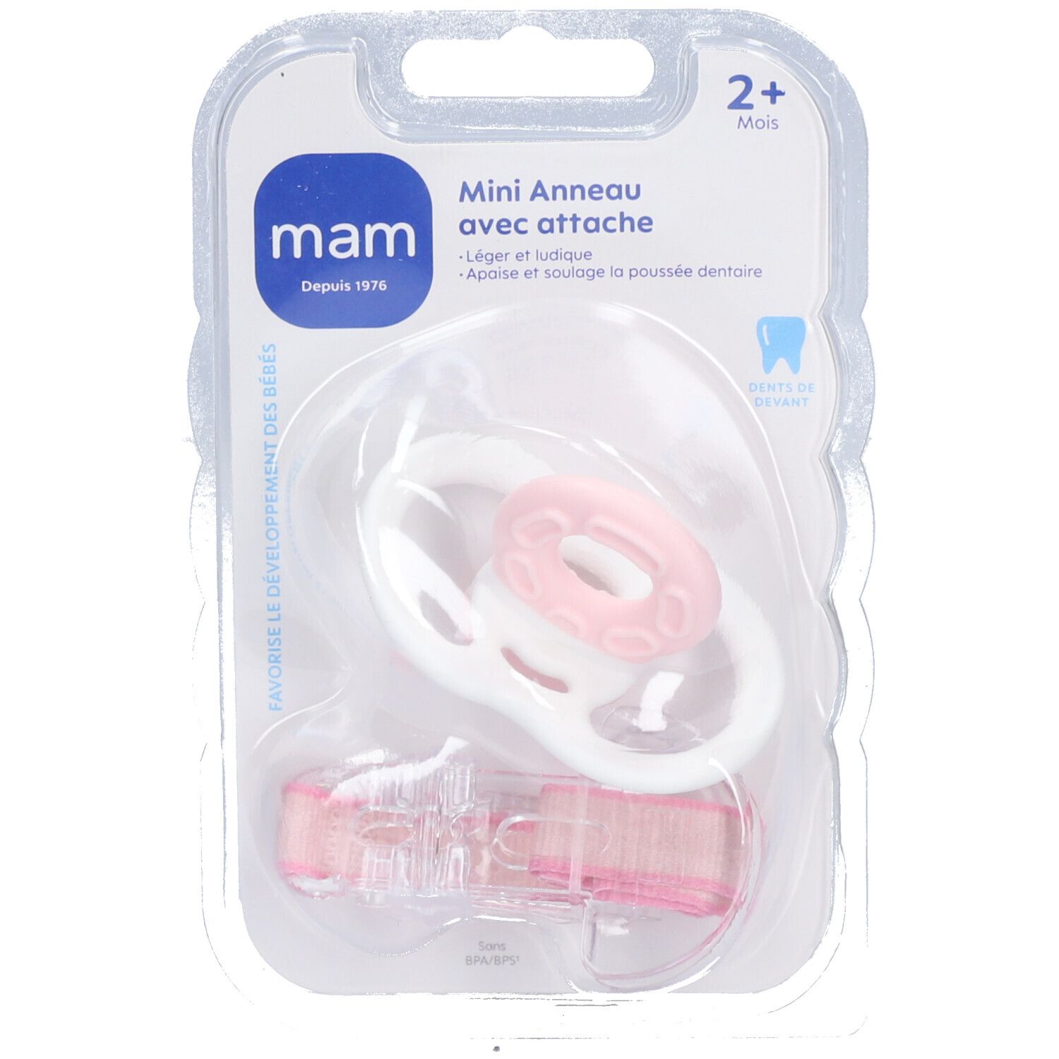 MAM Mini Anneau de dentition avec attache, rose et blanc. Emballage blister. Texte: 2+ mois.