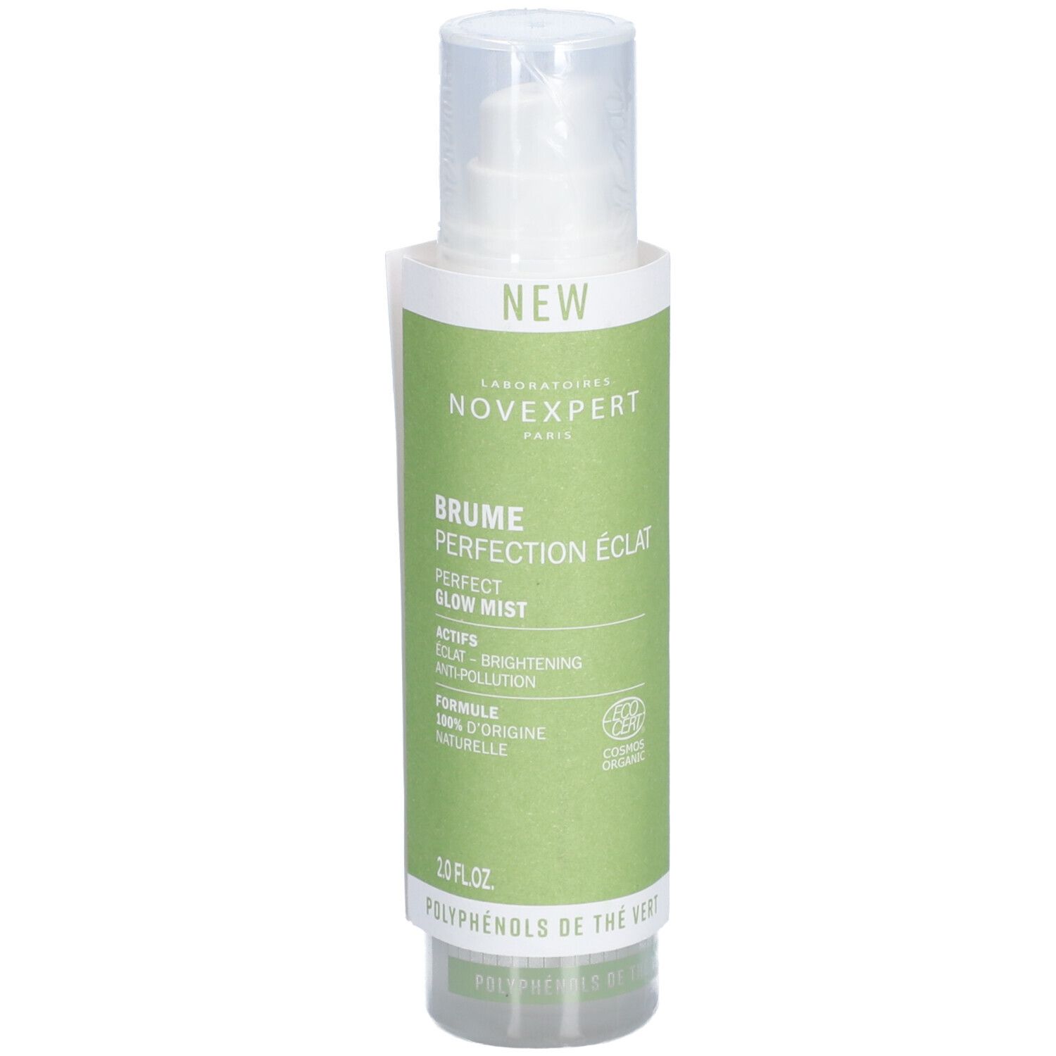 Grüne Flasche mit weißem Zerstäuber. Aufschrift: Novexpert, Brume Perfection Éclat, Perfect Glow Mist. Bio-Zertifizierung.
