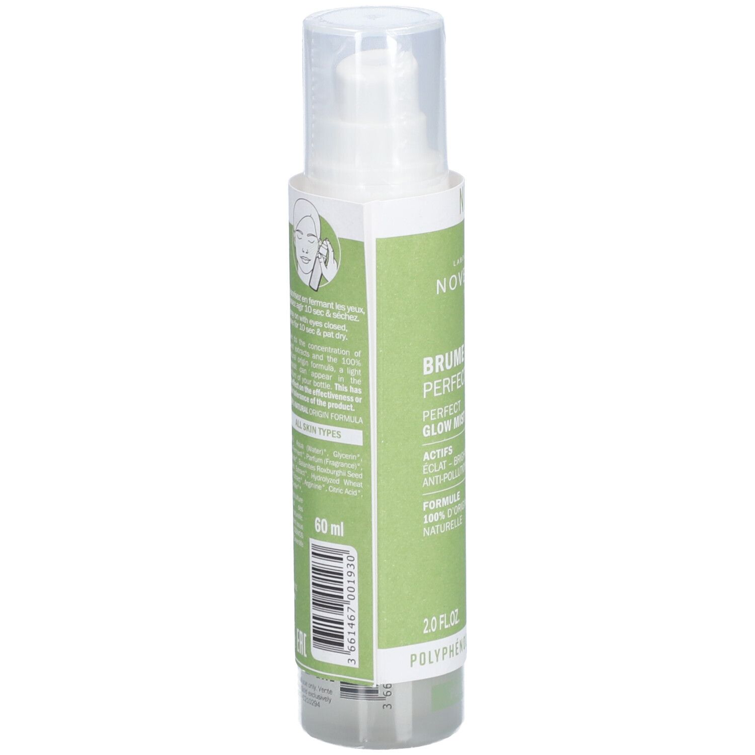 Grüne Flasche mit weißem Zerstäuber. Rückseite mit Text und Barcode. Aufschrift: 60 ml.
