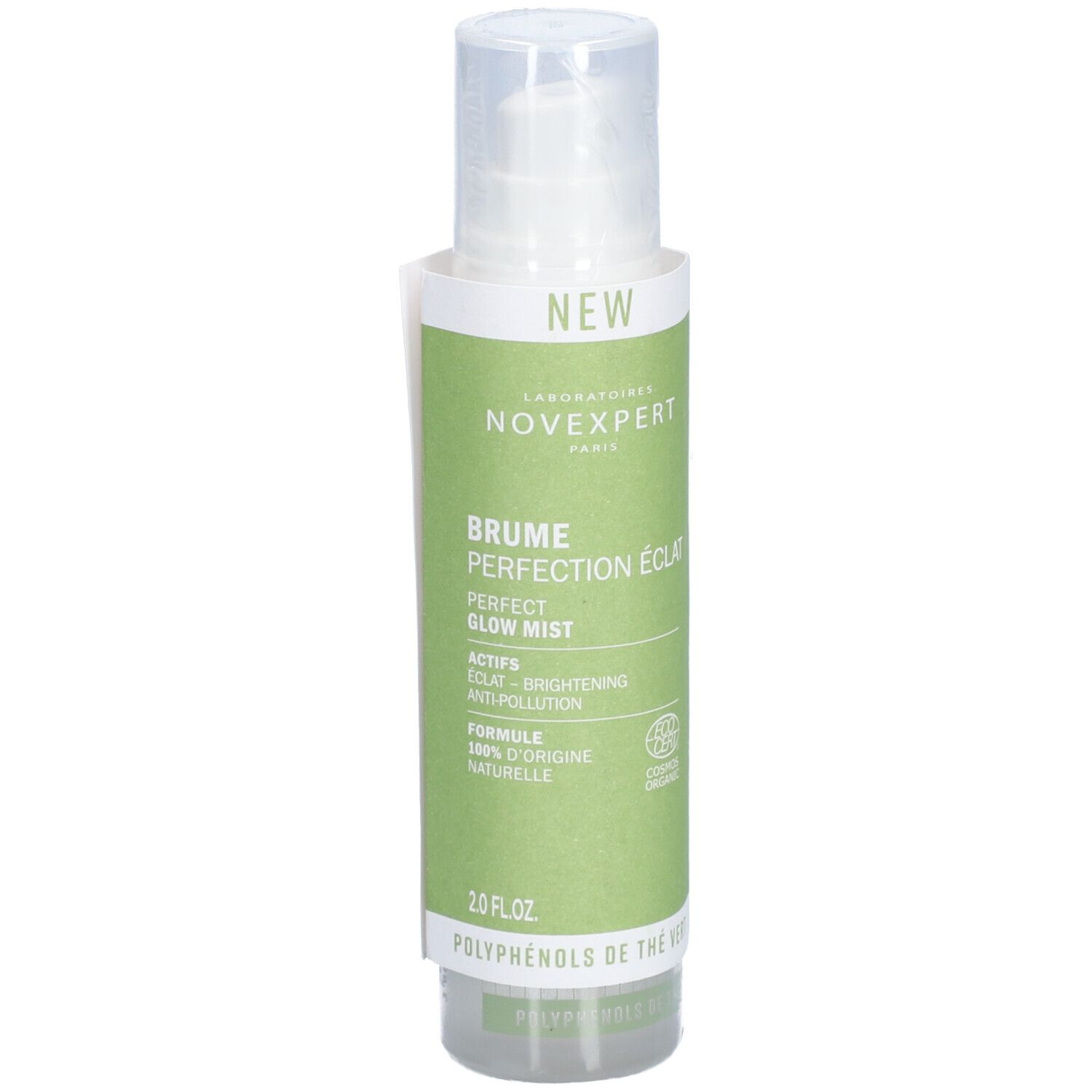 Grüne Flasche mit weißem Zerstäuber. Aufschrift: Novexpert, Brume Perfection Éclat, Perfect Glow Mist. Bio-Zertifizierung.