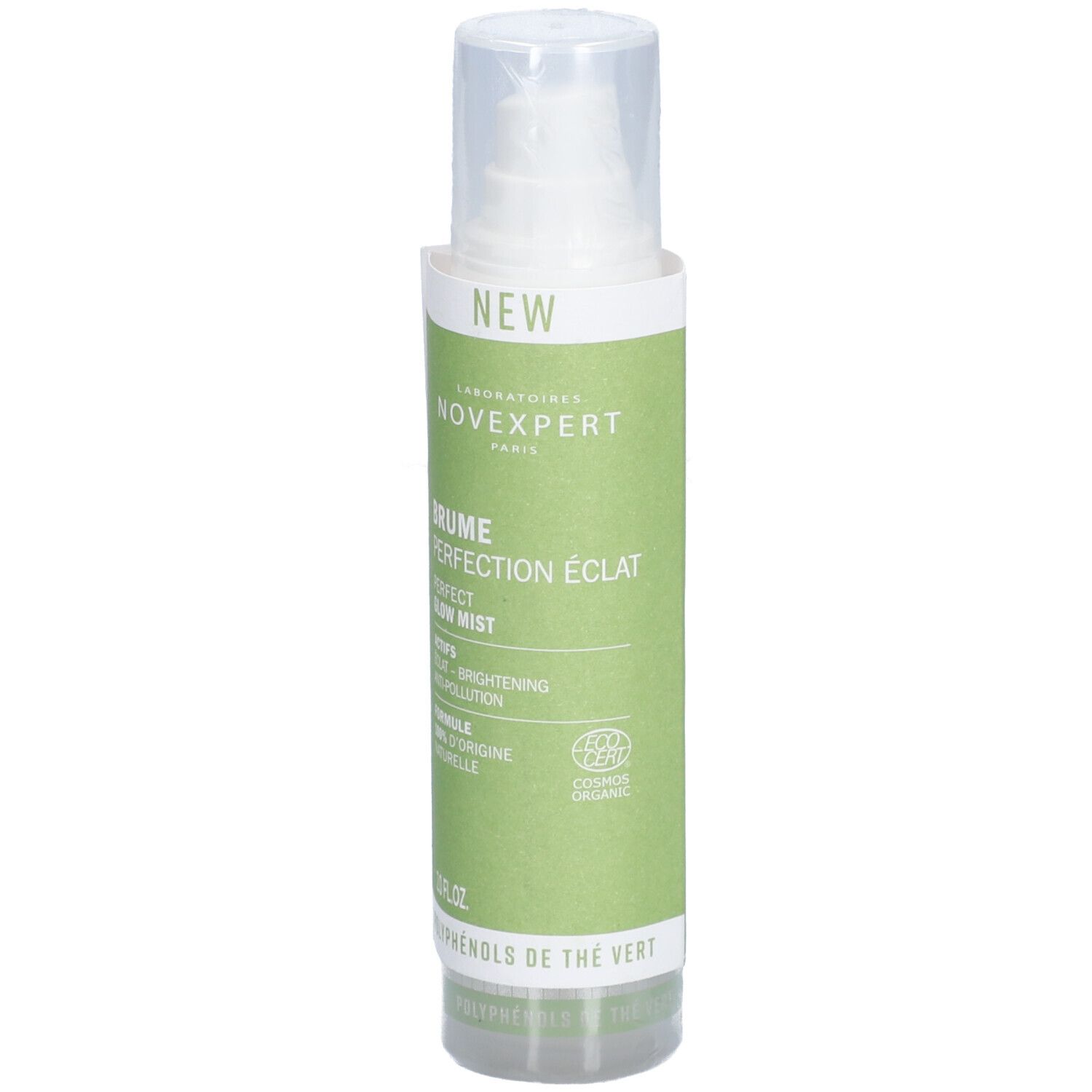 Grüne Flasche mit weißem Zerstäuber. Aufschrift: Novexpert, Brume Perfection Éclat, Perfect Glow Mist. Bio-Zertifizierung.