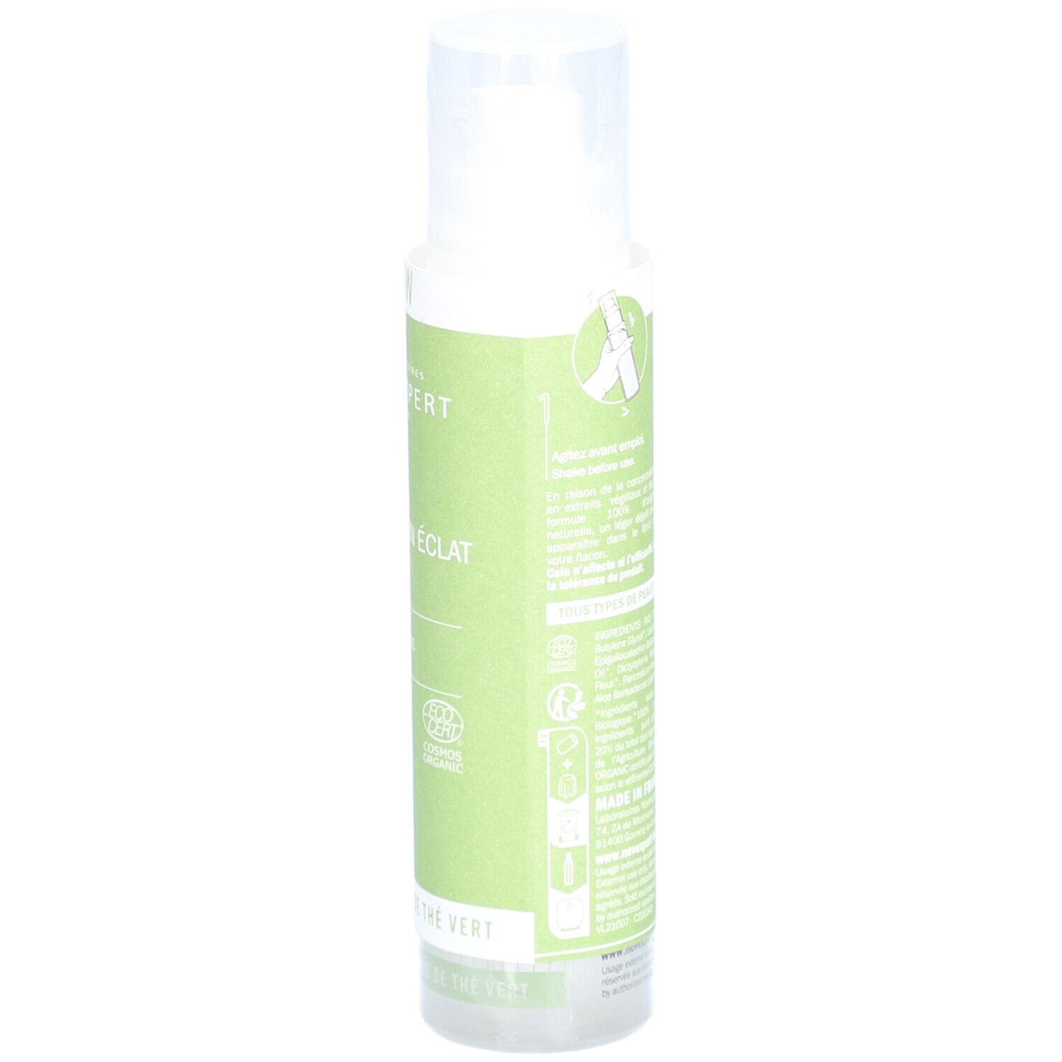 Grüne Flasche mit weißem Zerstäuber. Rückseite mit Text und Piktogrammen. Aufschrift: 60 ml.
