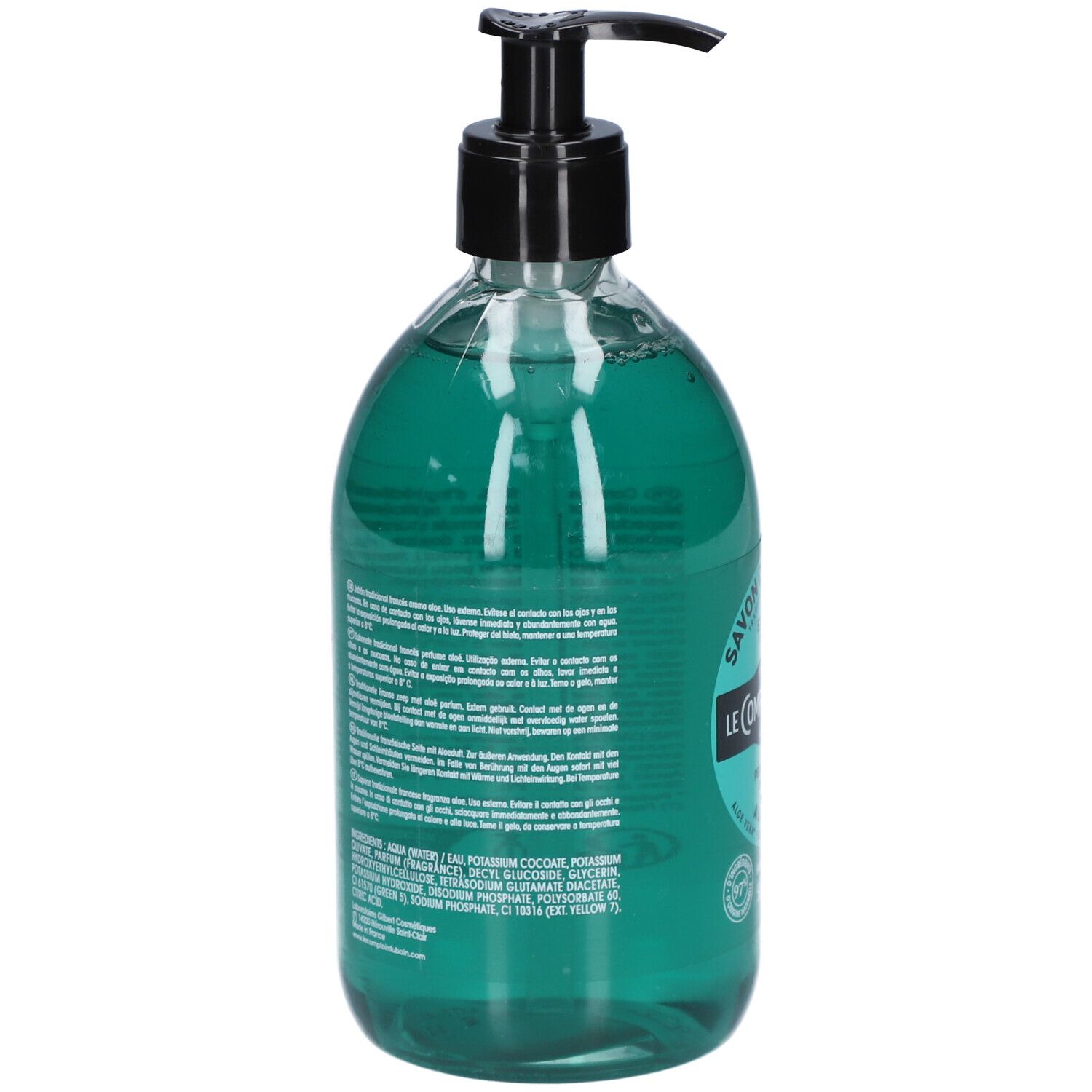 Flacon transparent avec liquide vert et pompe noire. Dos avec texte. Inscriptions : Savon de Marseille, Le Comptoir du Bain.