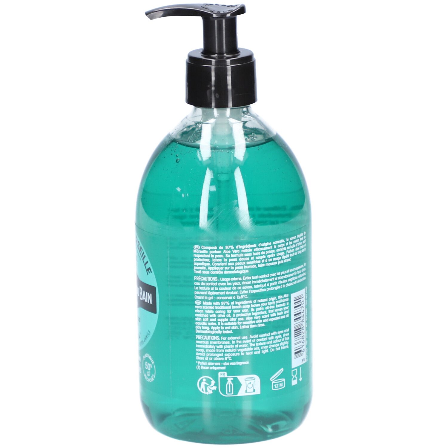 Flacon transparent avec liquide vert et pompe noire. Dos avec texte. Inscriptions : Savon de Marseille, Le Comptoir du Bain.