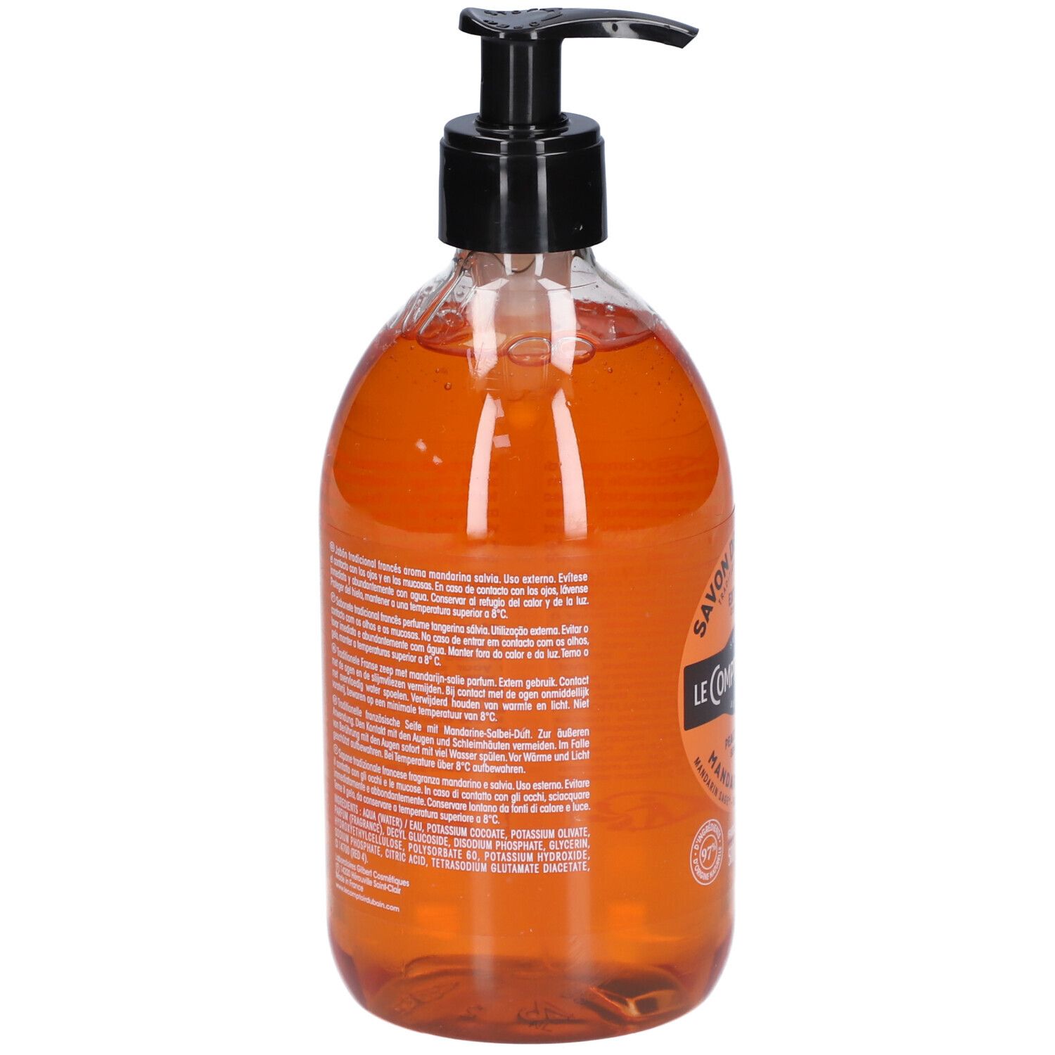 Rückansicht der Flüssigseife Le Comptoir du Bain. Transparente Flasche mit orangefarbener Flüssigkeit und schwarzem Spender. Text auf Französisch.