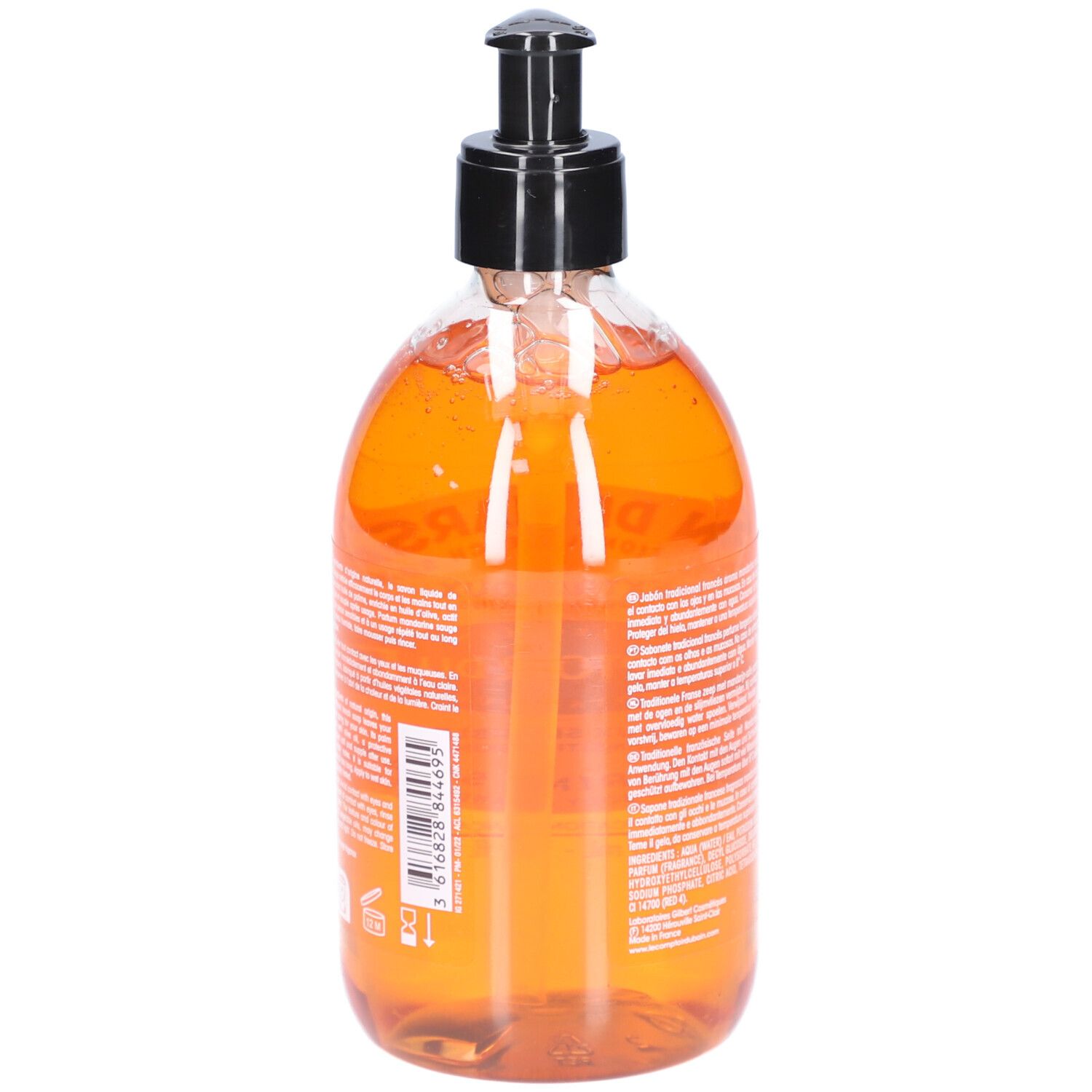 Rückansicht der Flüssigseife Le Comptoir du Bain. Transparente Flasche mit orangefarbener Flüssigkeit und schwarzem Spender. Text auf Französisch.