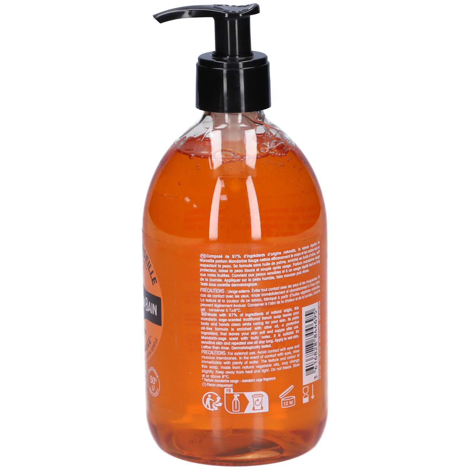 Rückansicht der Flüssigseife Le Comptoir du Bain. Transparente Flasche mit orangefarbener Flüssigkeit und schwarzem Spender. Text auf Französisch.