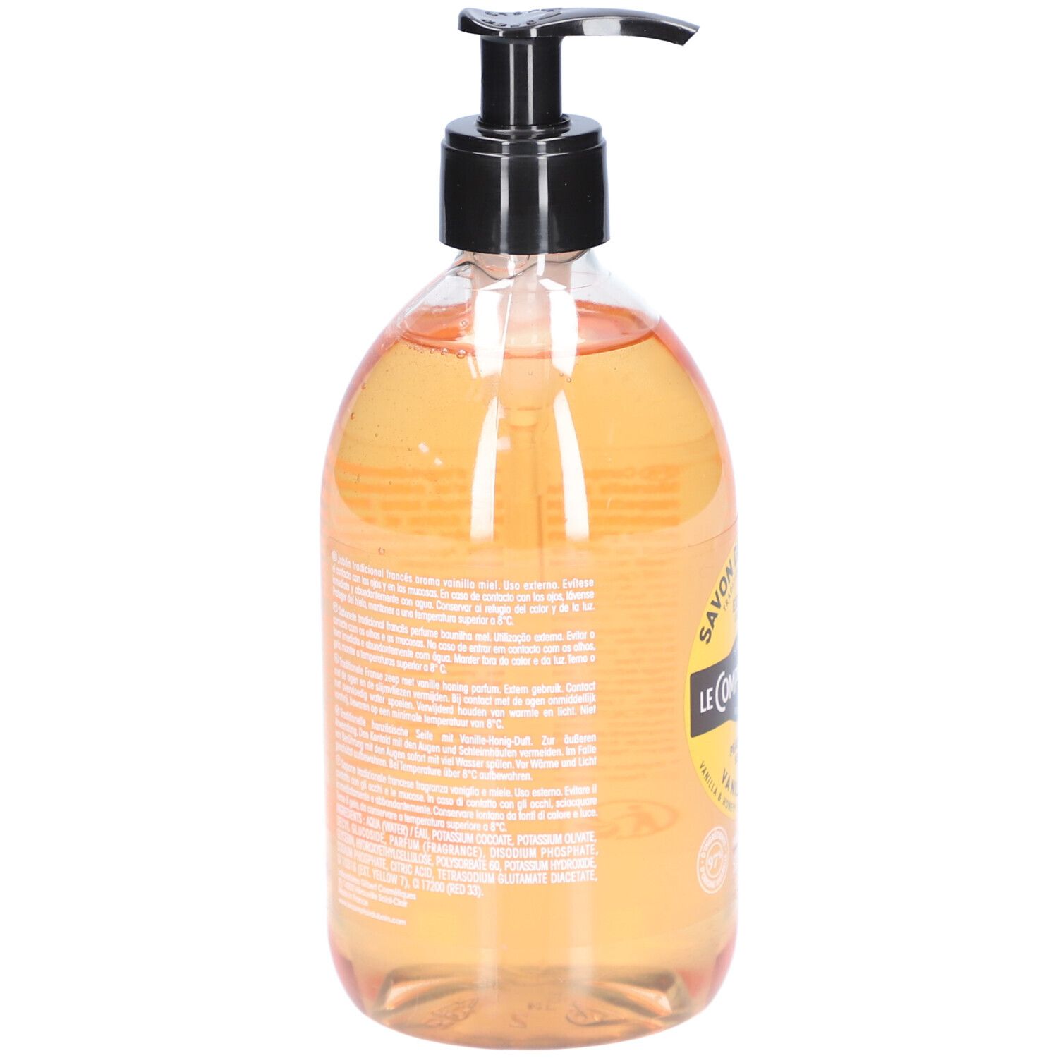 Transparente Flüssigseife in einer Flasche mit schwarzem Spender. Rückseite mit Text. Produktetikett.