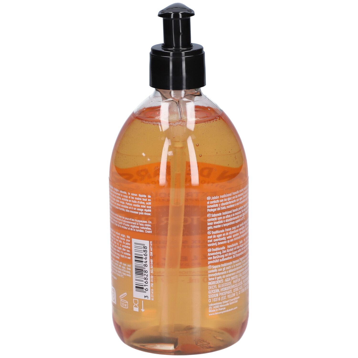 Flüssigseife in einer Flasche mit schwarzem Spender. Rückseite mit Text und Barcode. Produktetikett.