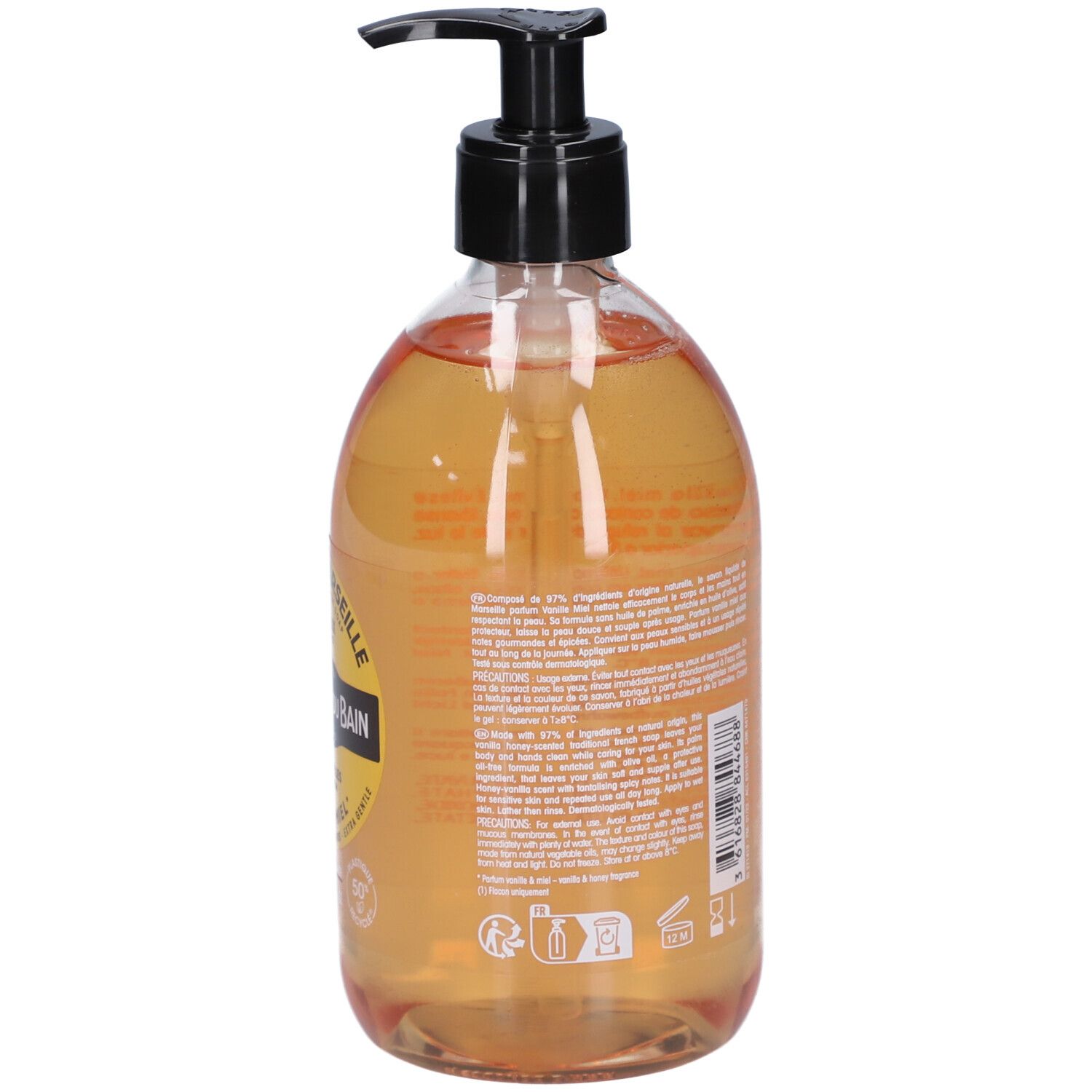 Transparente Flüssigseife in einer Flasche mit schwarzem Spender. Rückseite mit Text. Produktetikett.