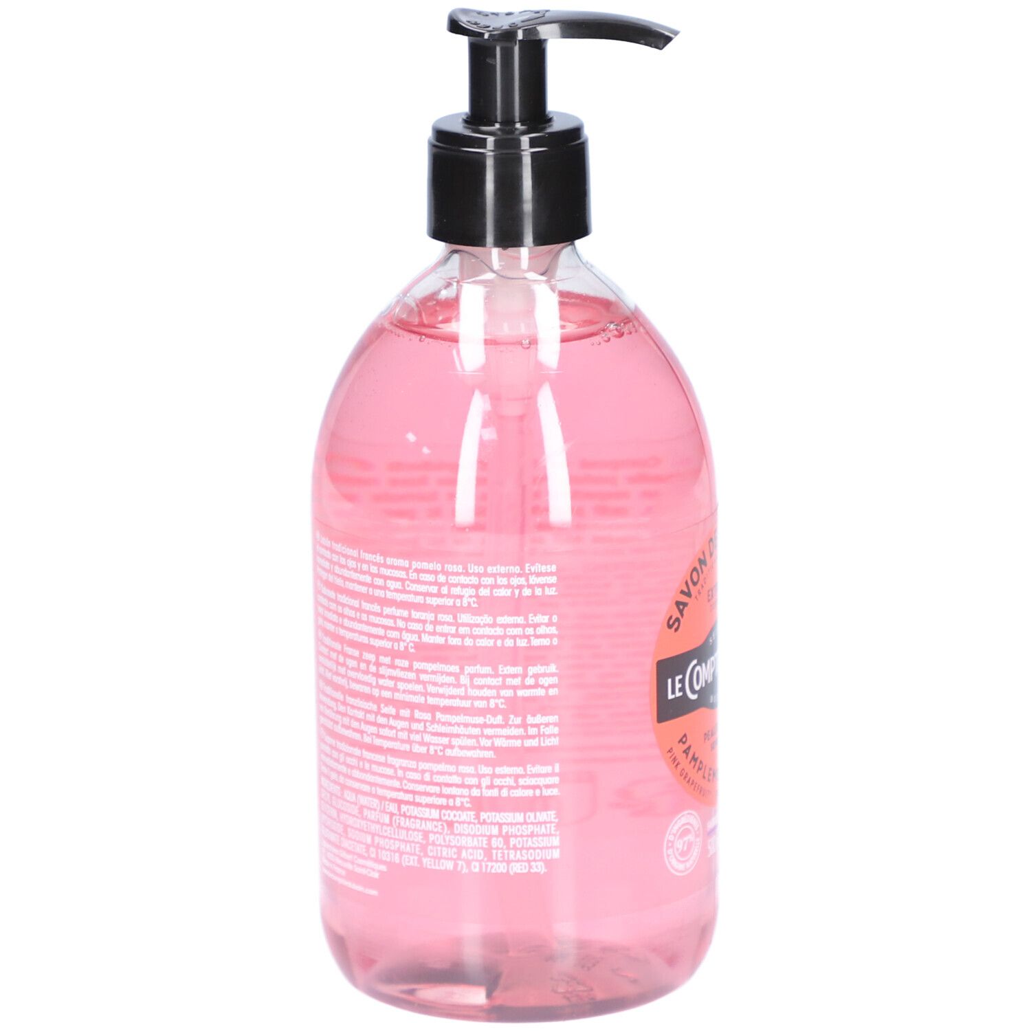 Flacon transparent de savon liquide rose avec pompe noire. Dos avec texte.