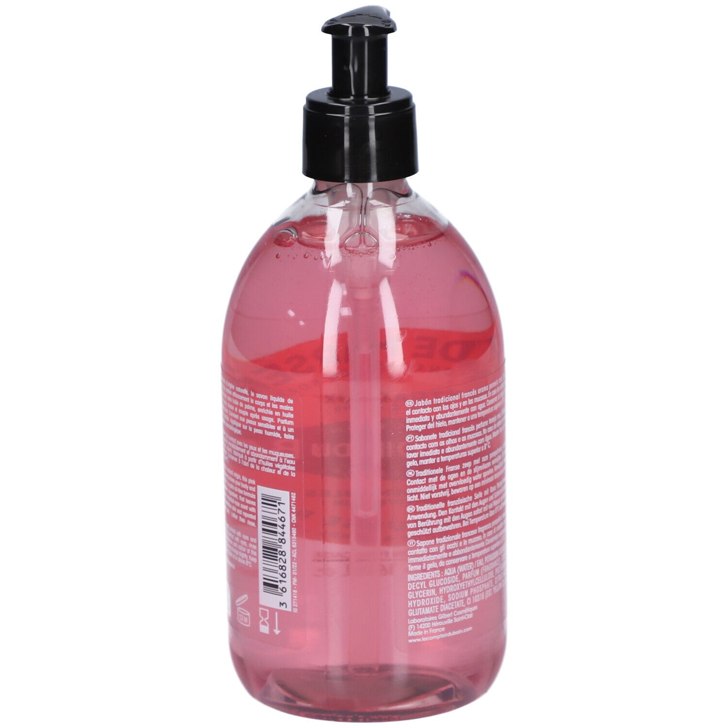 Flacon transparent de savon liquide rose avec pompe noire. Dos avec texte et code-barres.