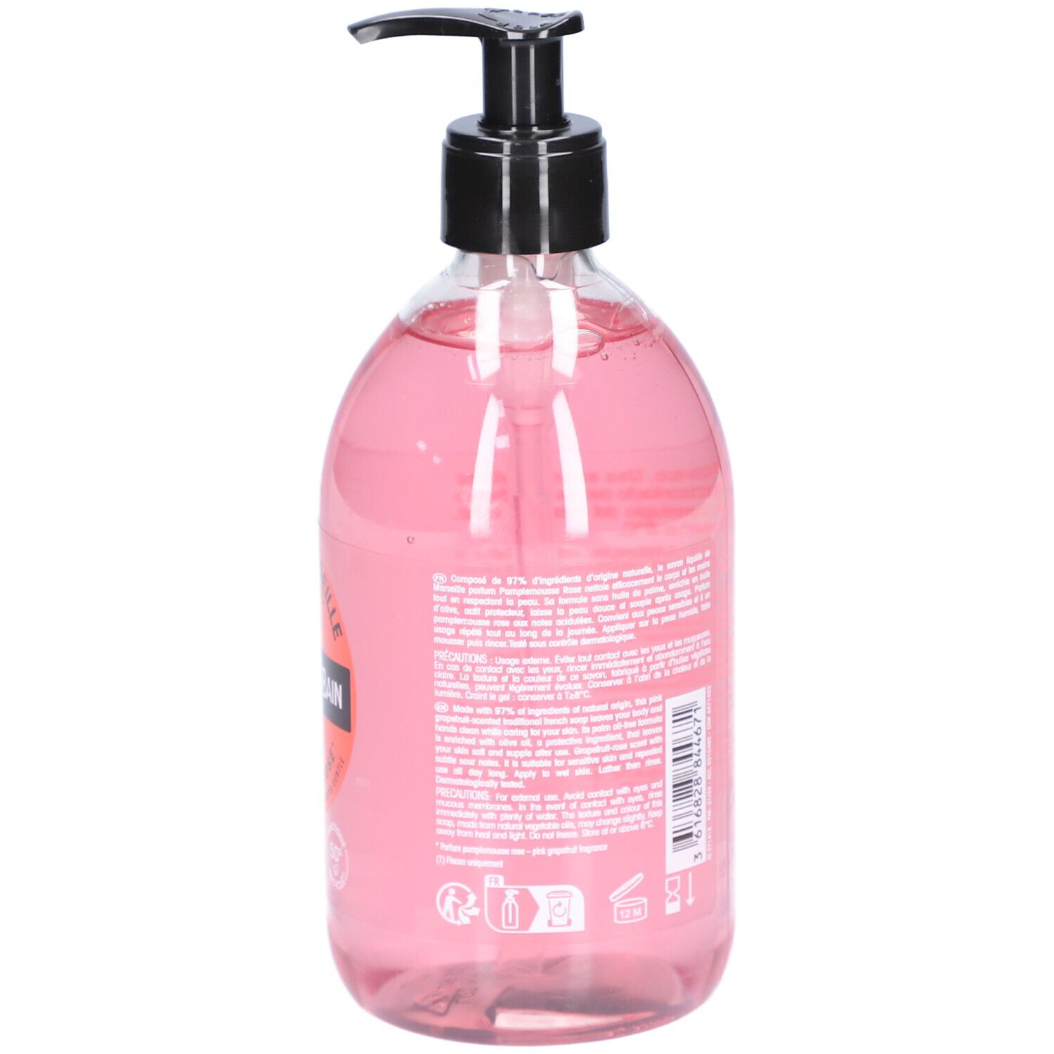Flacon transparent de savon liquide rose avec pompe noire. Dos avec texte.