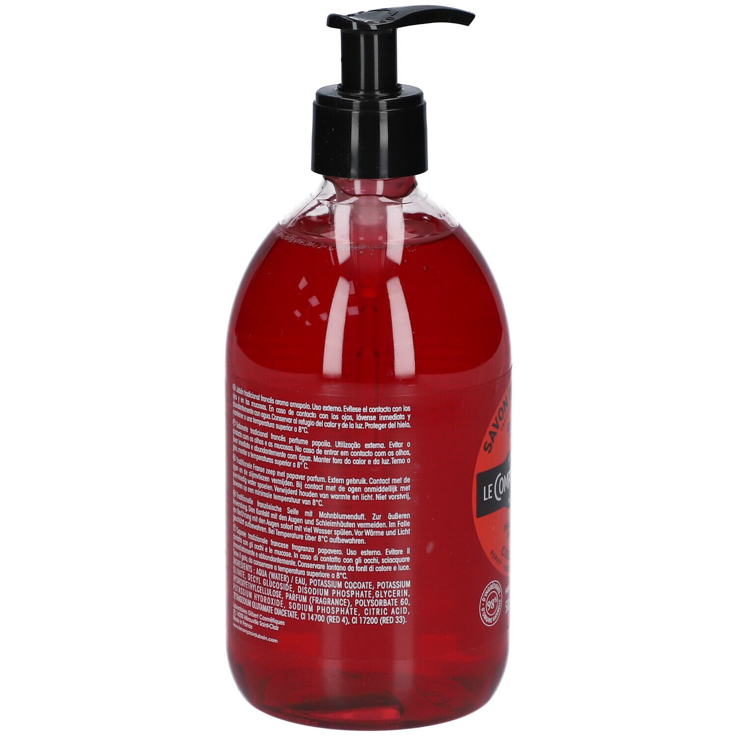 Dos d'une bouteille de savon liquide rouge avec pompe noire. Texte multilingue. Liste des ingrédients et avertissements.