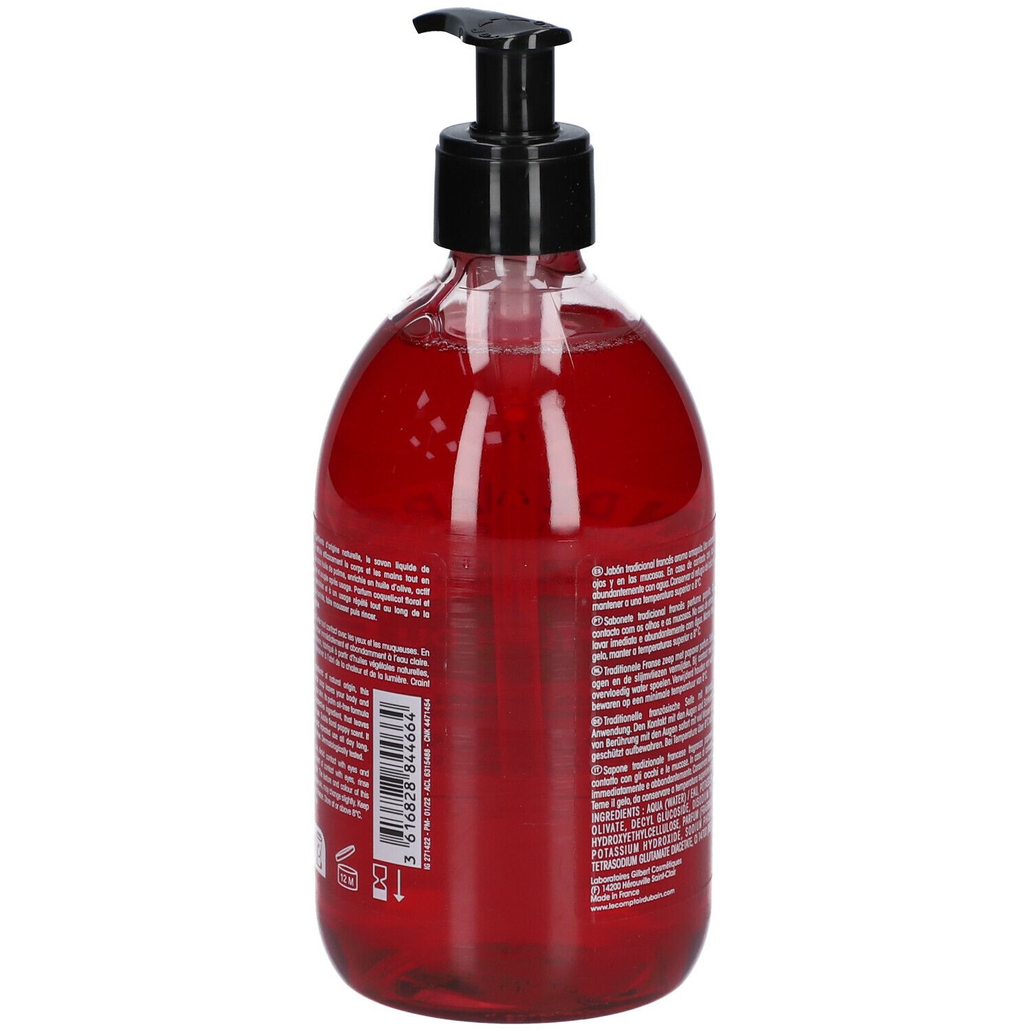 Dos d'une bouteille de savon liquide rouge avec pompe noire. Texte multilingue. Liste des ingrédients et avertissements.