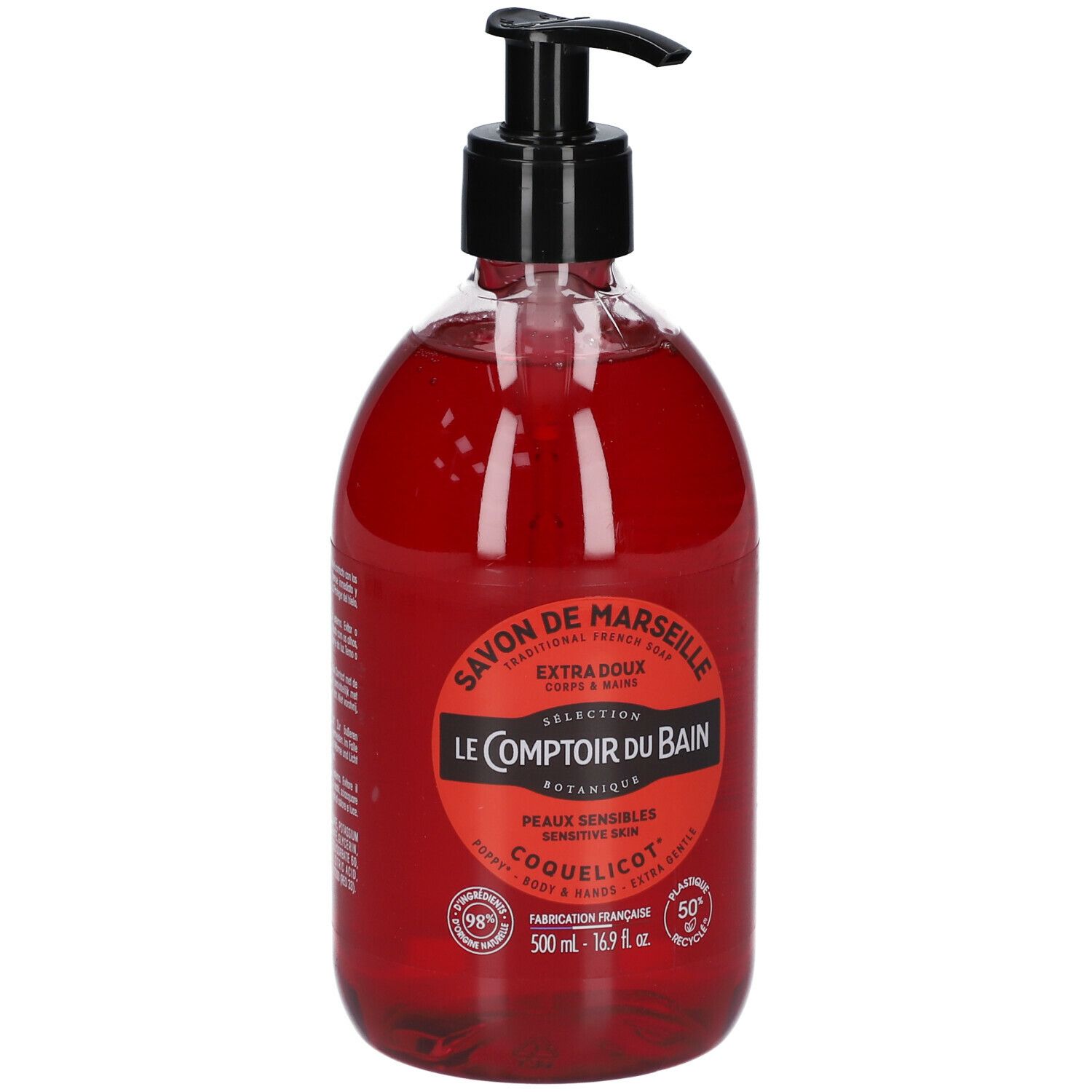 Savon liquide rouge avec pompe noire. Inscription: Savon de Marseille, Le Comptoir du Bain, Coquelicot. Pour peaux sensibles.