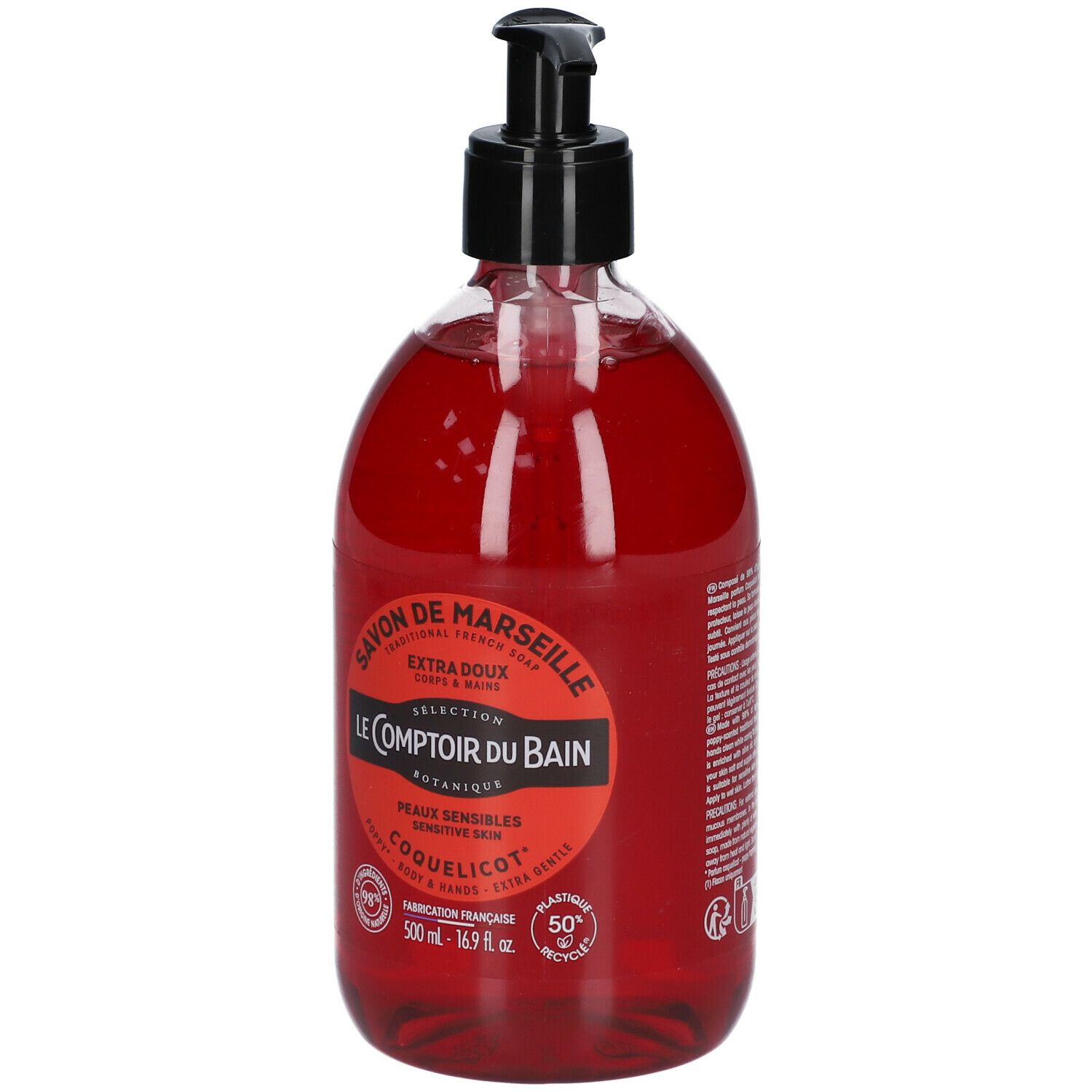 Savon liquide rouge avec pompe noire. Inscription: Savon de Marseille, Le Comptoir du Bain, Coquelicot. Pour peaux sensibles.