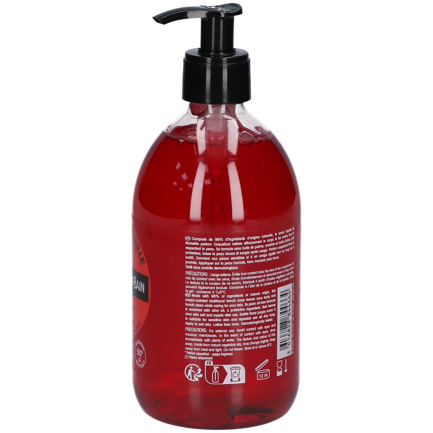 Dos d'une bouteille de savon liquide rouge avec pompe noire. Texte multilingue. Liste des ingrédients et avertissements.