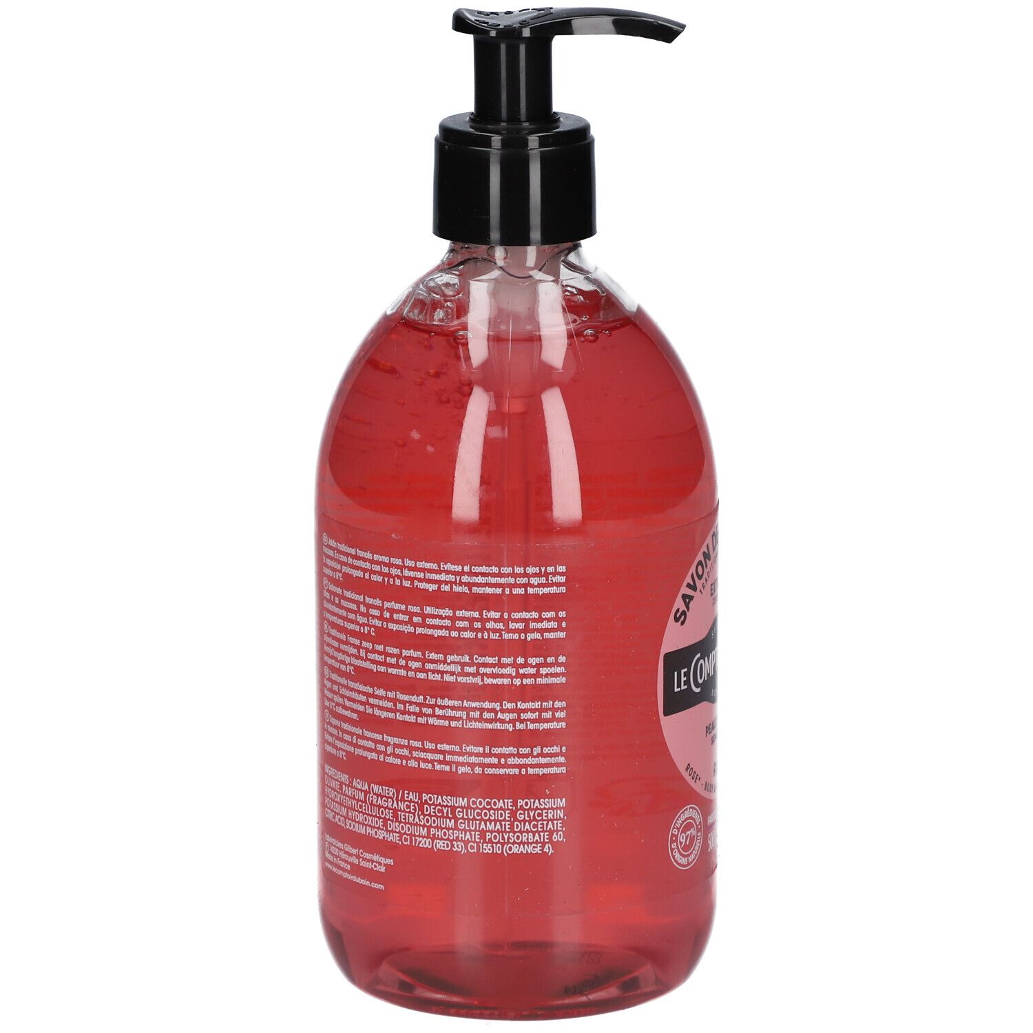 Flacon transparent, liquide rose. Dos avec texte. Pompe noire. Inscriptions: Savon de Marseille, Le Comptoir du Bain.