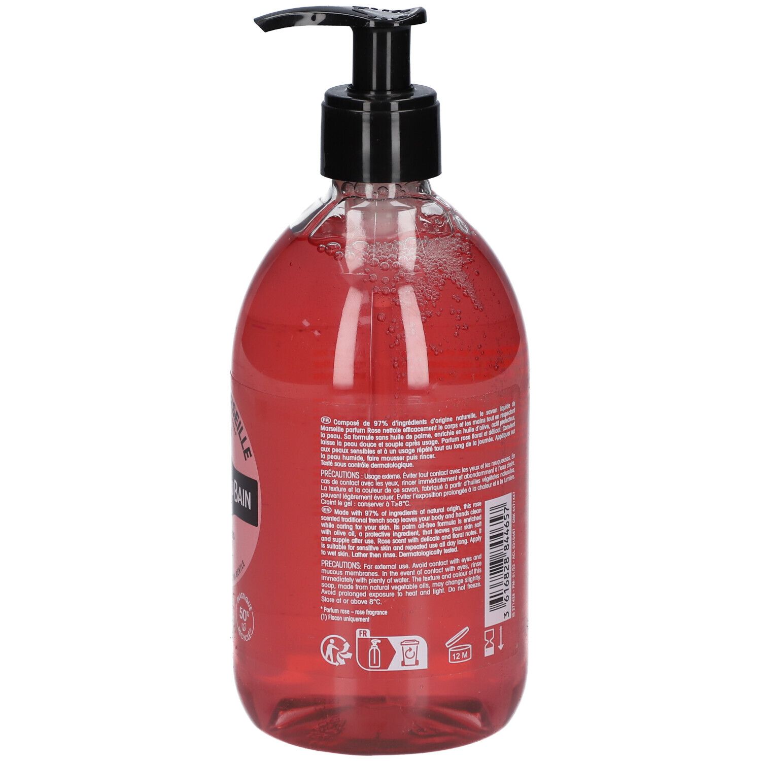 Flacon transparent, liquide rose. Dos avec texte. Pompe noire. Inscriptions: Savon de Marseille, Le Comptoir du Bain.