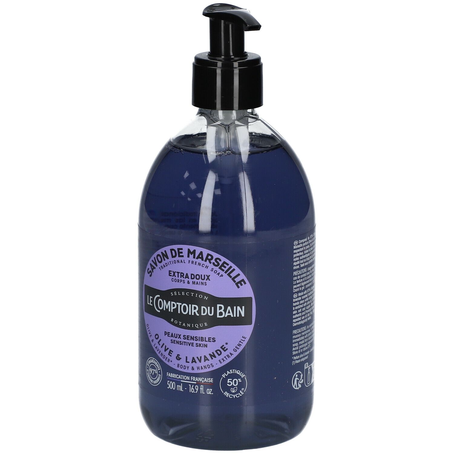 Flacon de savon liquide avec pompe noire. Étiquette: Savon de Marseille, Le Comptoir du Bain, Olive & Lavande, Peaux sensibles.
