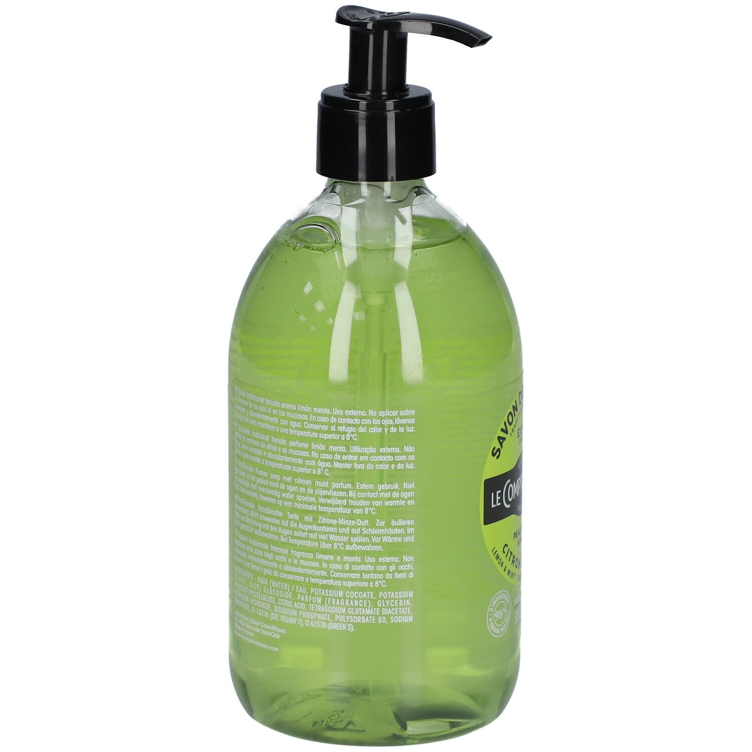 Transparante fles met groene vloeibare zeep en zwarte pomp. Tekst op de achterkant. Productnaam niet zichtbaar.