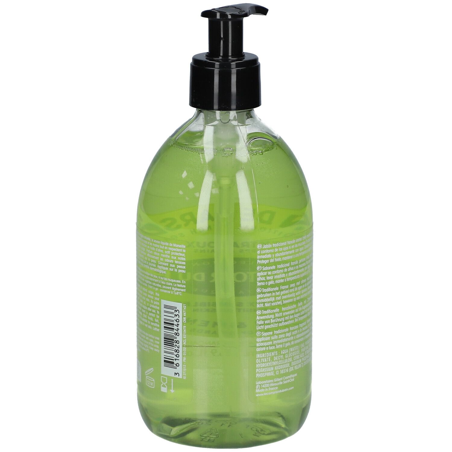 Achteraanzicht van een transparante fles met groene vloeibare zeep en zwarte pomp. Barcode en tekst op de achterkant.