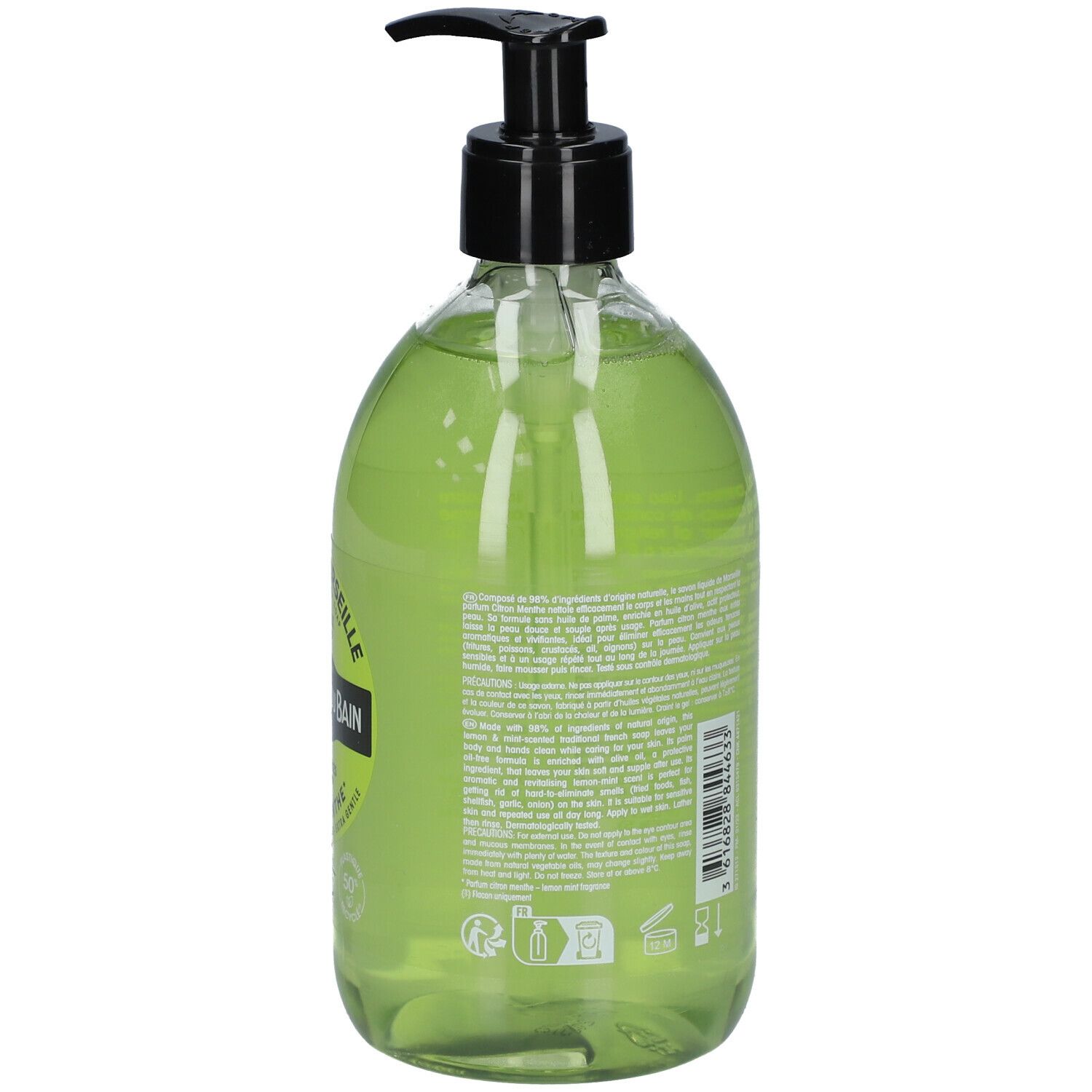 Achteraanzicht van een transparante fles met groene vloeibare zeep en zwarte pomp. Tekst op de achterkant.