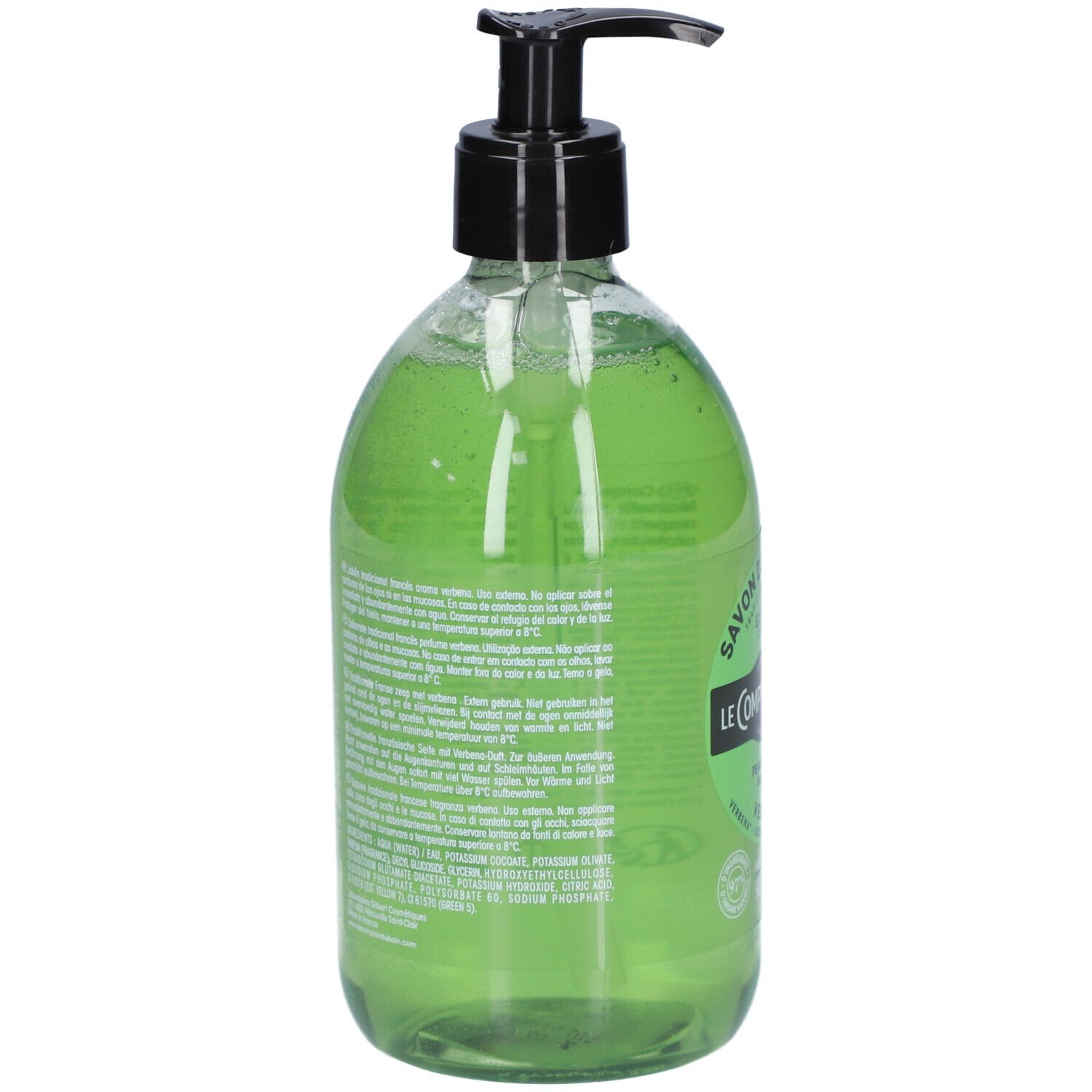 Rückseite der grünen Flüssigseife. Transparente Flasche mit schwarzem Spender. Text auf Etikett.