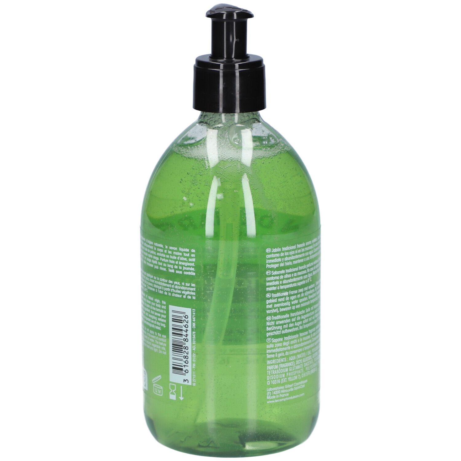 Rückseite der grünen Flüssigseife. Transparente Flasche mit schwarzem Spender. Text und Barcode auf Etikett.