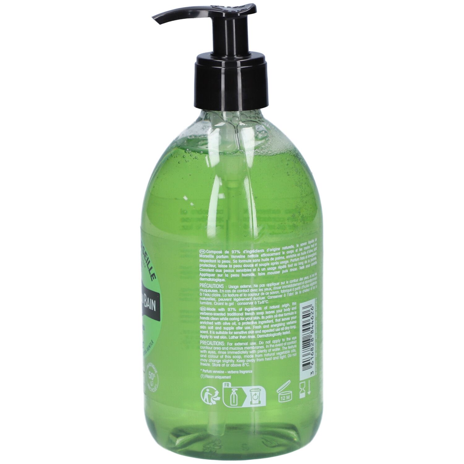 Rückseite der grünen Flüssigseife. Transparente Flasche mit schwarzem Spender. Text auf Etikett.