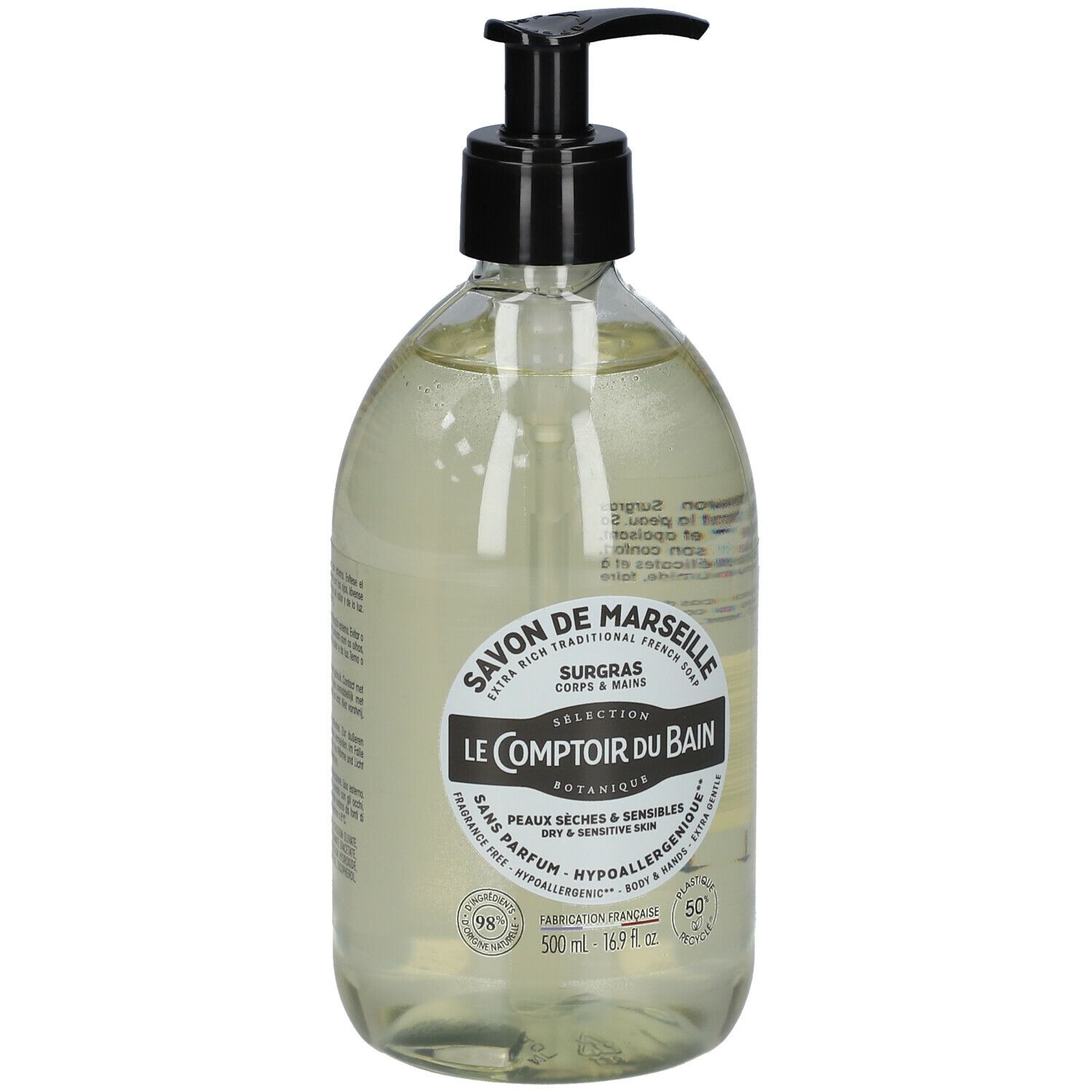 Flacon transparent avec pompe noire. Étiquette avec nom du produit et informations.