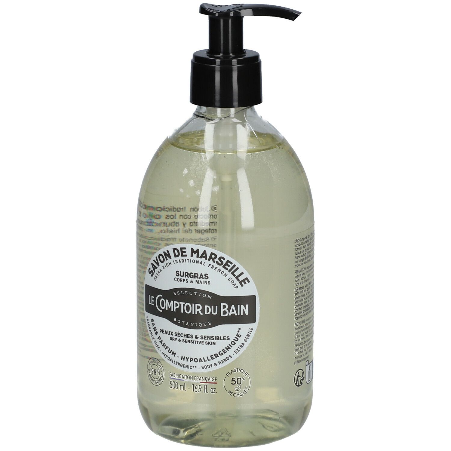 Flacon transparent avec pompe noire. Étiquette avec nom du produit et informations.