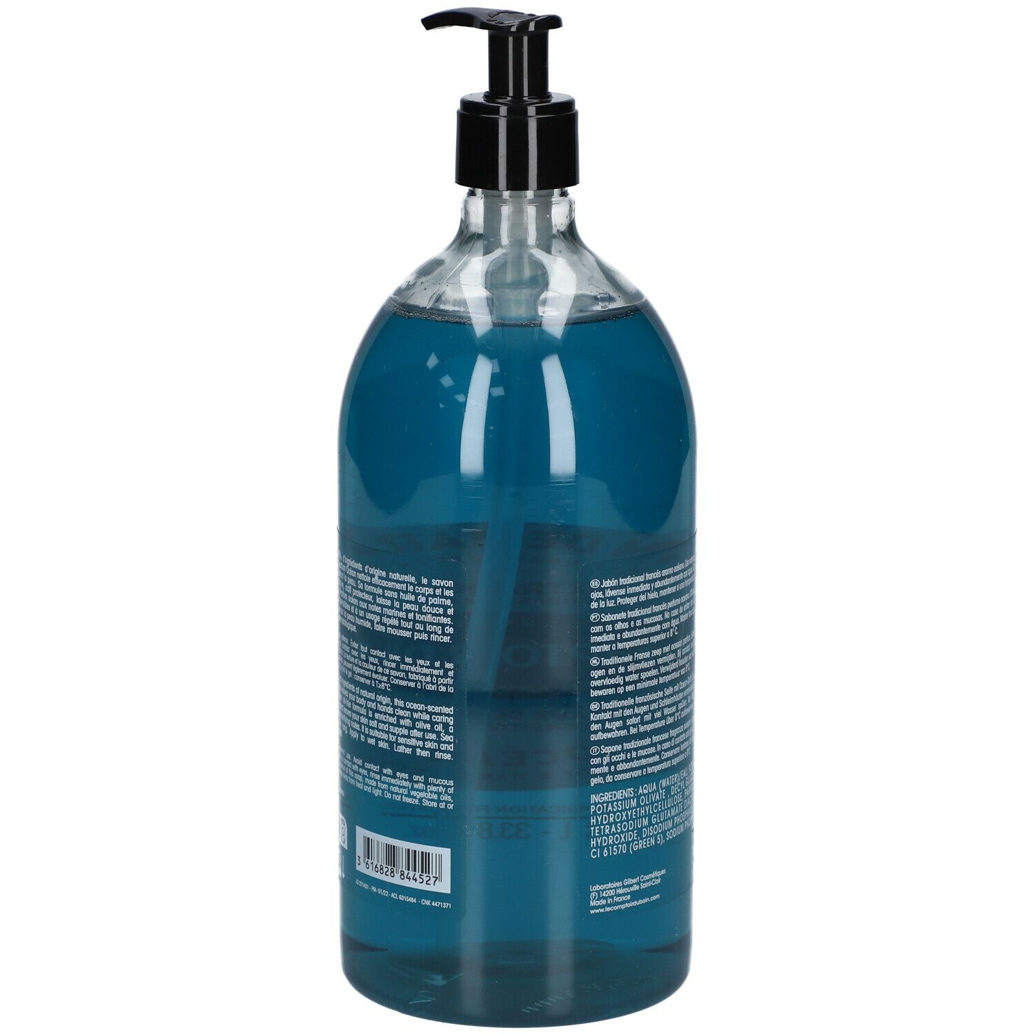 Achterkant van een fles blauwe vloeibare zeep. Zwarte pomp. Tekst en barcode. 1L.