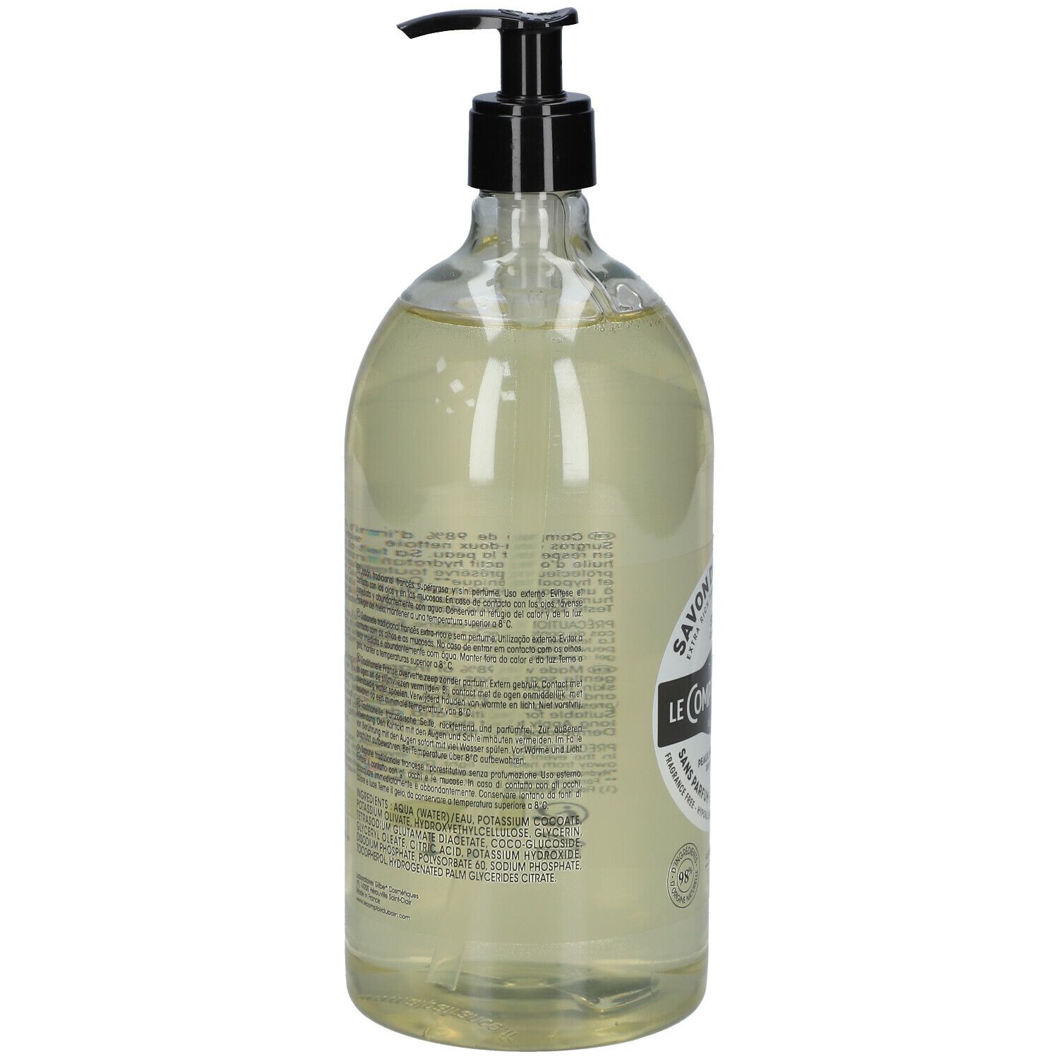 Dos du flacon de savon liquide. Informations textuelles et étiquette avec détails du produit. Tête de pompe noire.