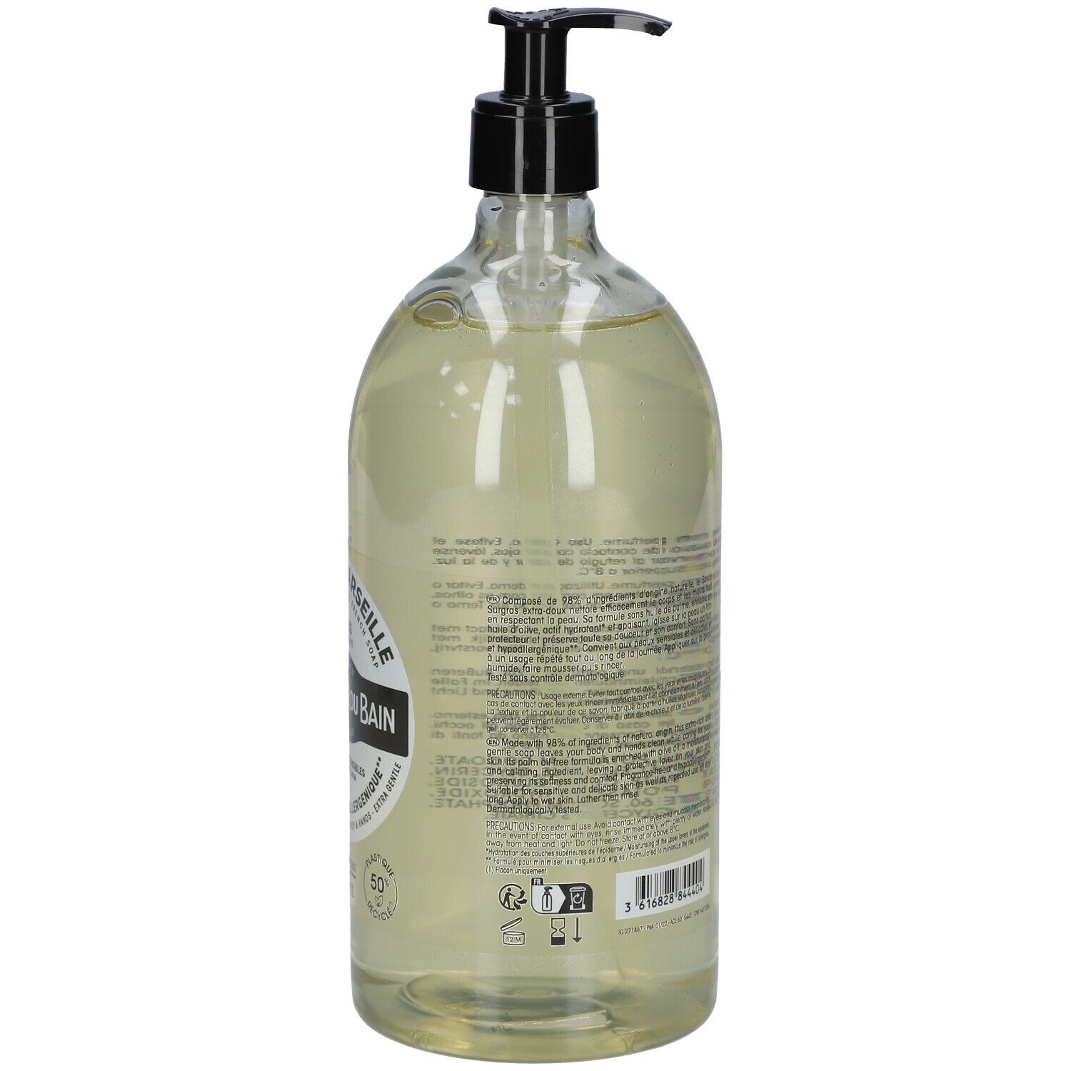 Dos du flacon de savon liquide. Informations textuelles et étiquette avec détails du produit. Tête de pompe noire.