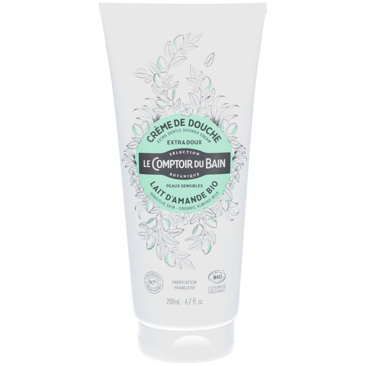 Tube blanc et vert. Inscription : Crème de Douche, Lait d'Amande Bio. Illustrations botaniques. Certification bio.