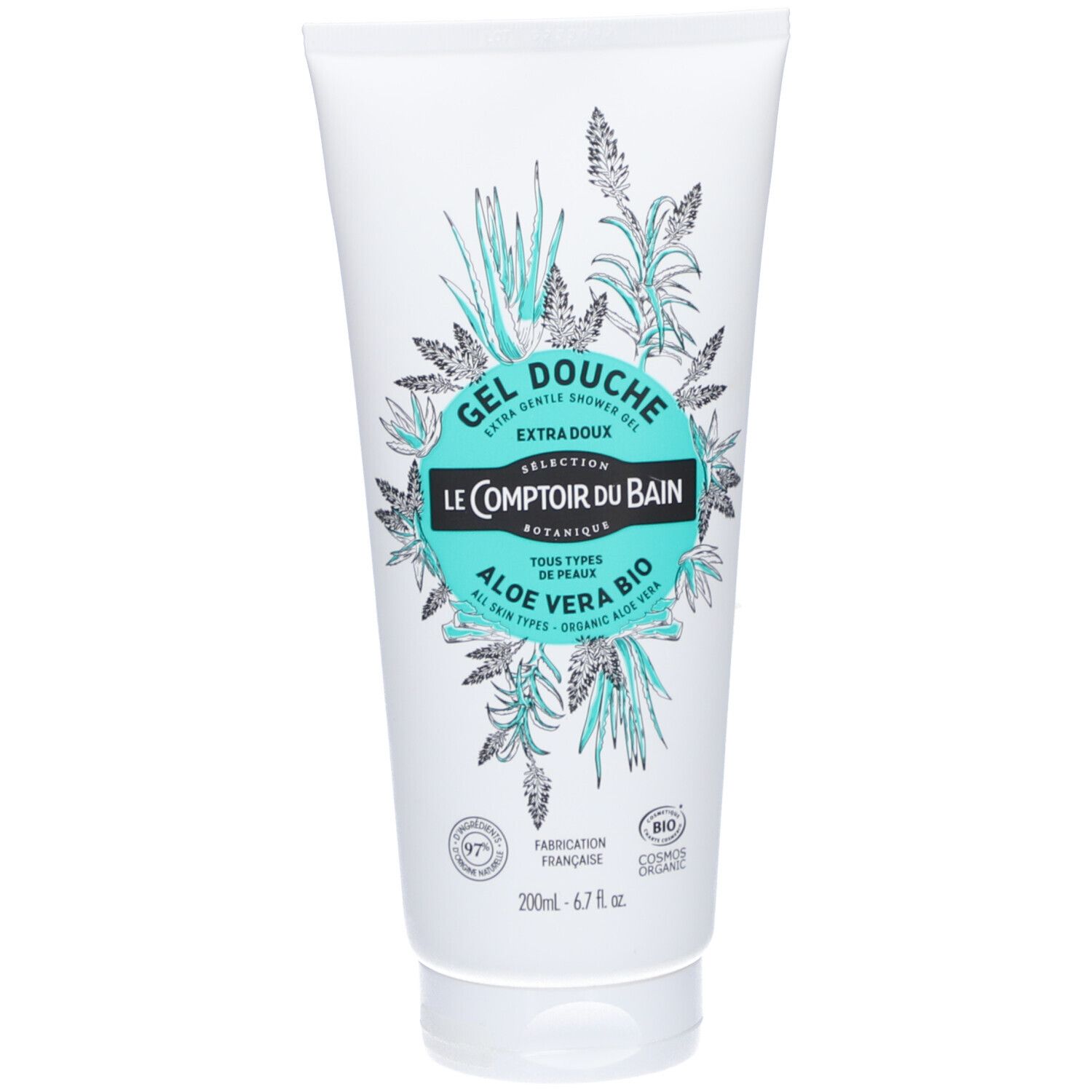 Tube blanc. Gel Douche Aloe Vera Bio. Inscription botanique et certification bio. Texte en français.