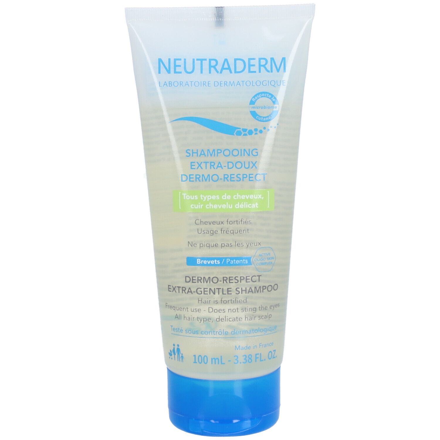 Tube de Neutraderm Shampooing Extra-Doux Dermo-Respect. Inscription en français. Testé dermatologiquement.