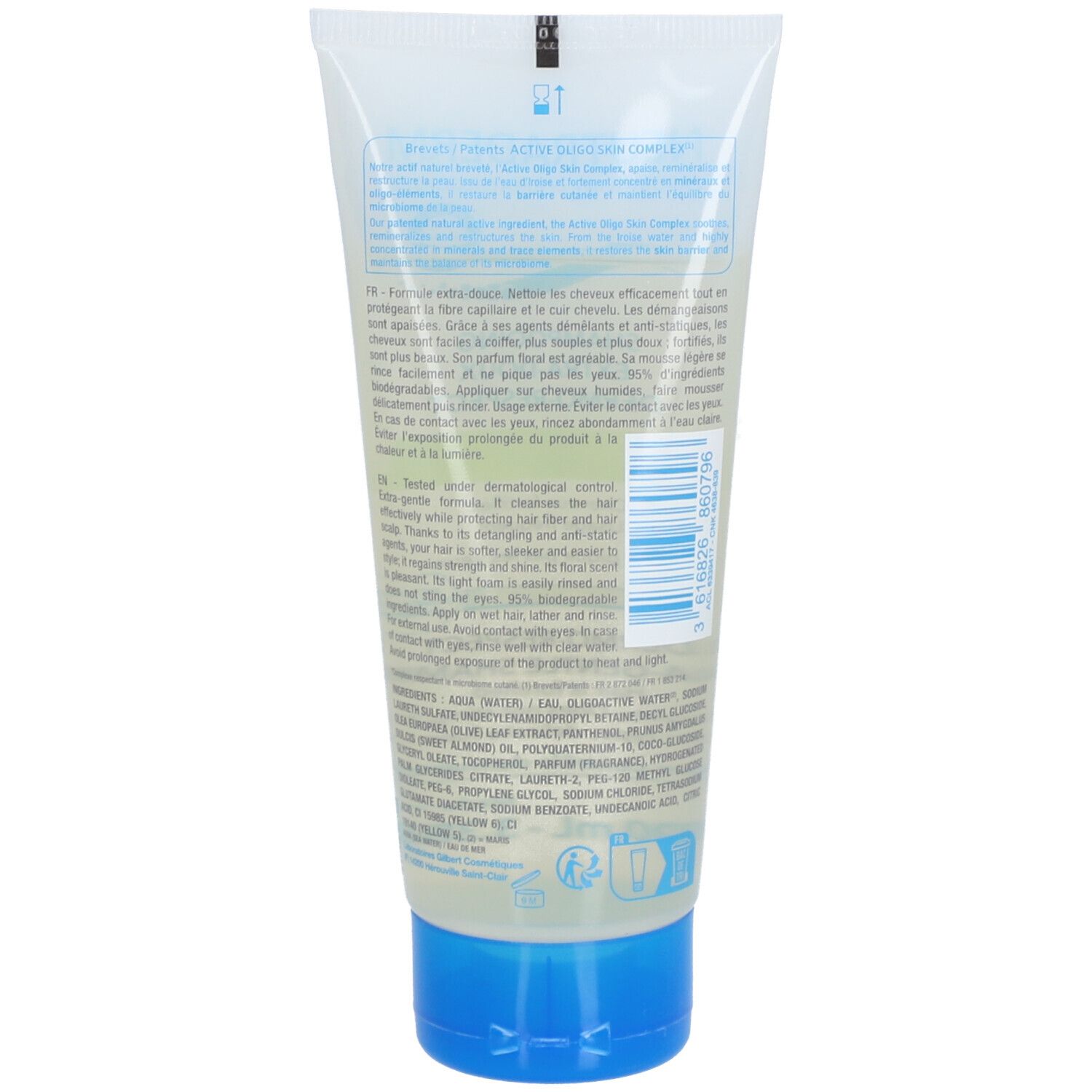 Dos du tube Neutraderm Shampooing Extra-Doux Dermo-Respect. Texte multilingue. Ingrédients.