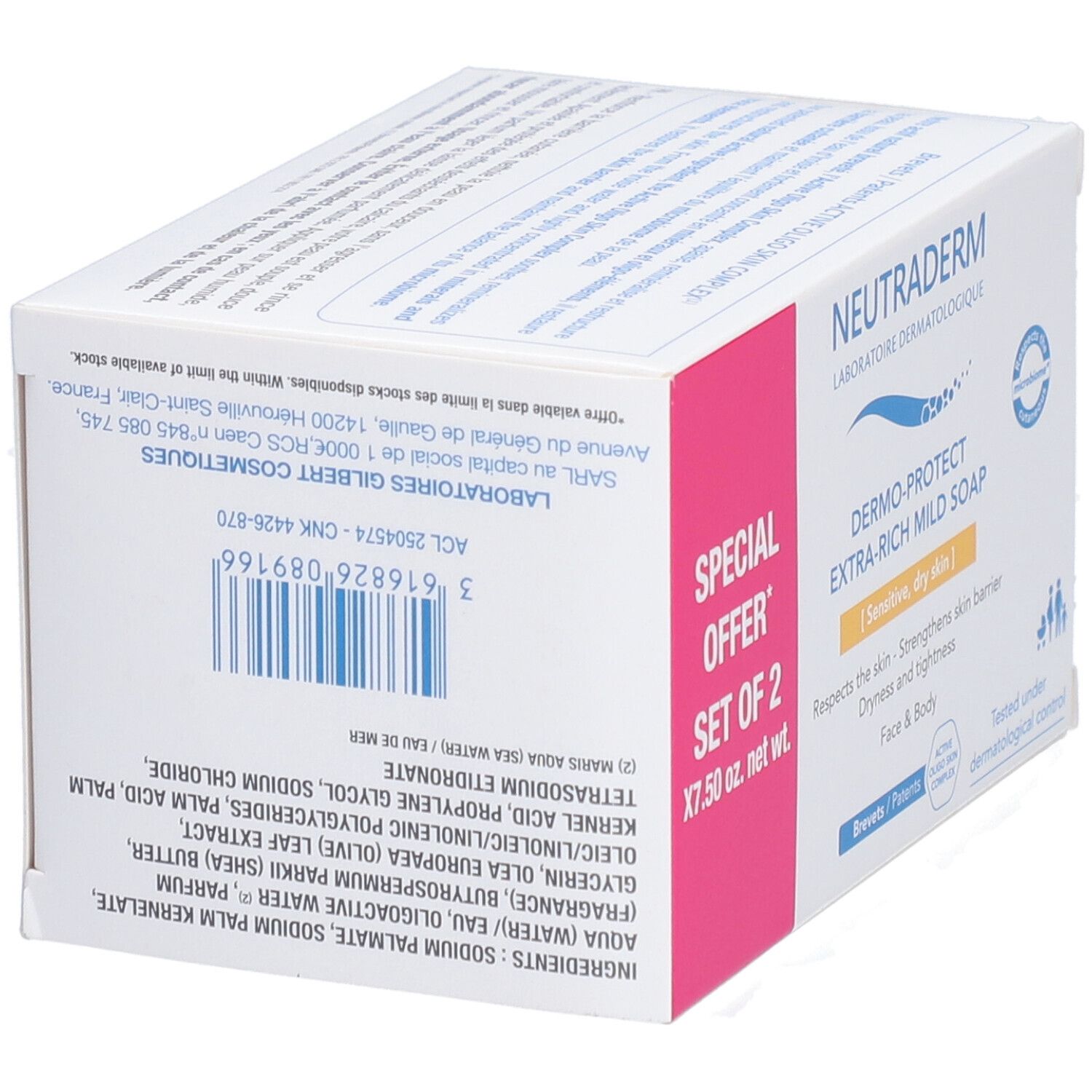 Boîte de NEUTRADERM® Dermo-Protect Extra-Rich Mild Soap. Inscription « SPECIAL OFFER SET OF 2 X7.50 oz. net wt. ». Liste des ingrédients.