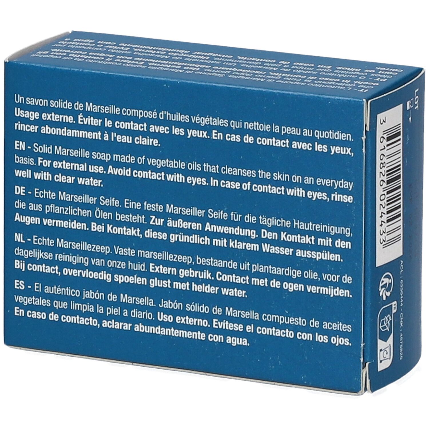 Blaue Schachtel mit Text in mehreren Sprachen. Enthält Informationen zur Verwendung des Produkts. "Savon de Marseille".